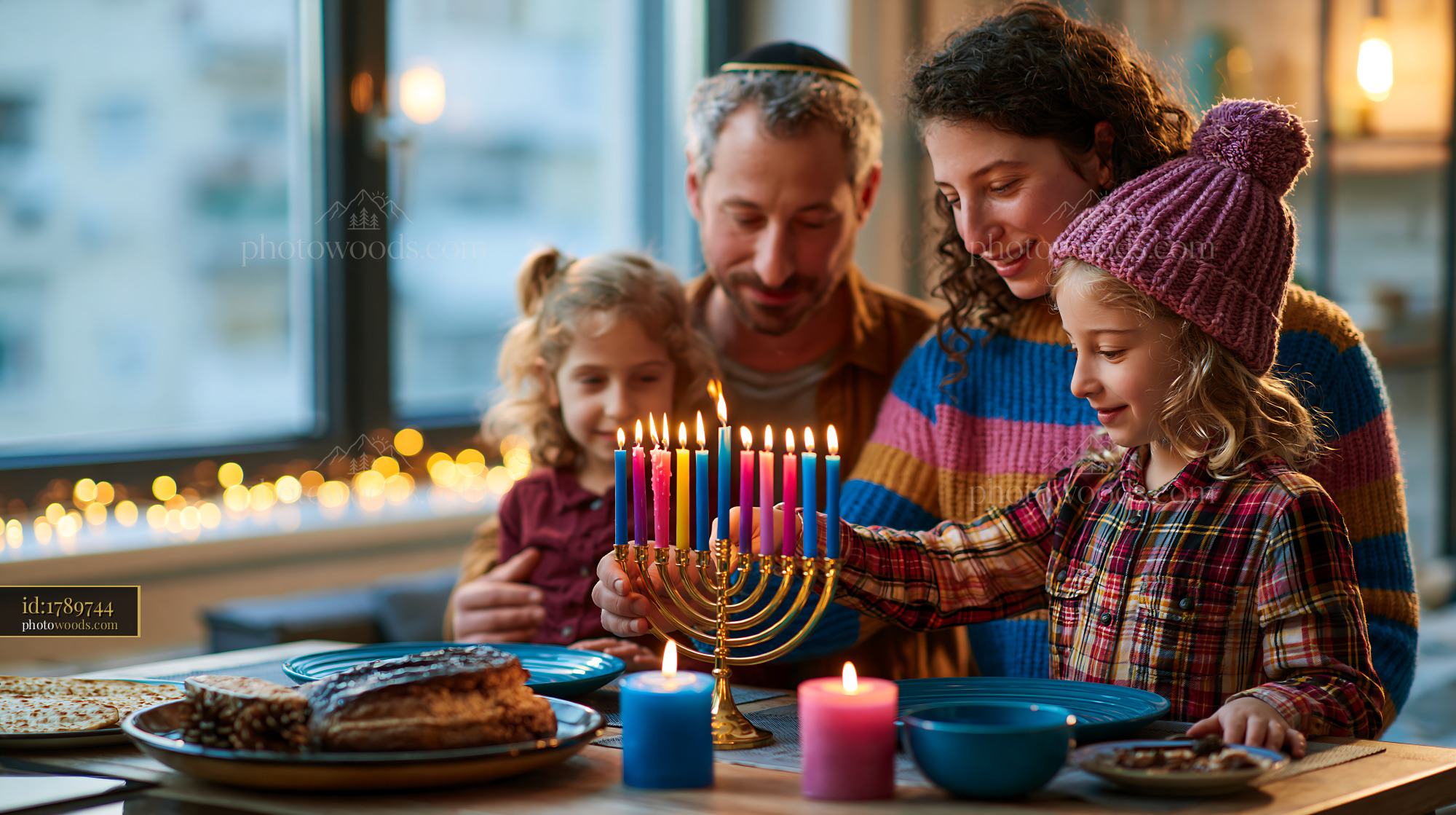 Family Lights Menorah for Hanukkah in Cozy Indoor Setting