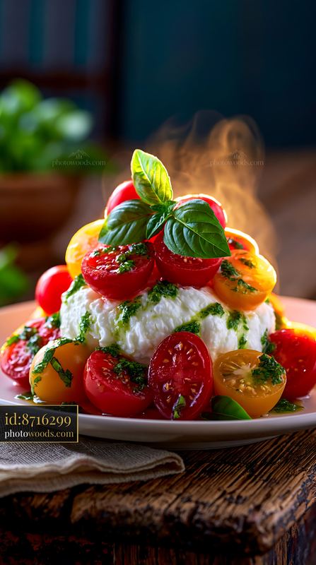 Creamy Burrata Cheese With Heirloom Tomatoes and Basil Leaves