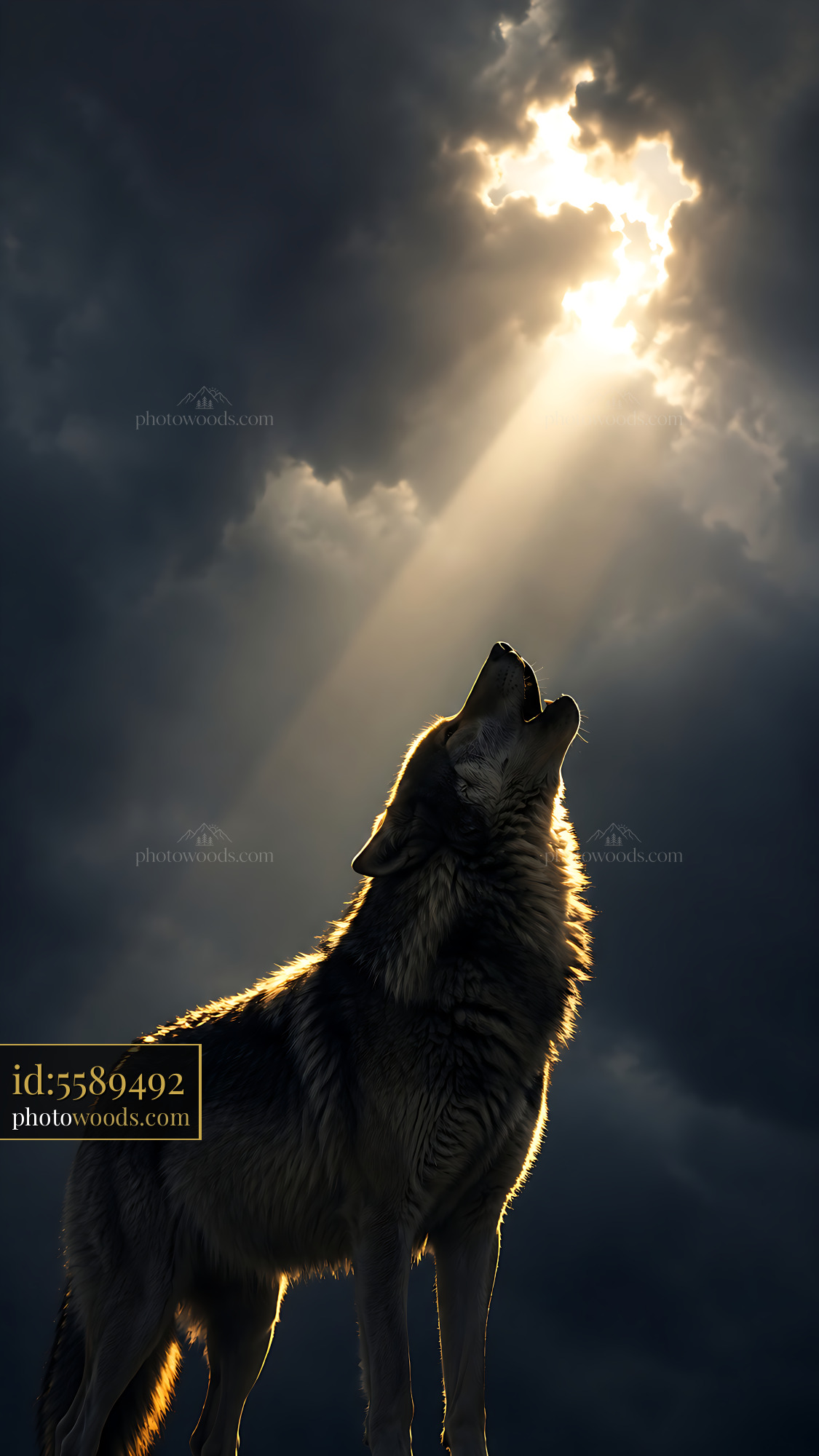 Wolf Howling Under a Spotlight From the Clouds at Night