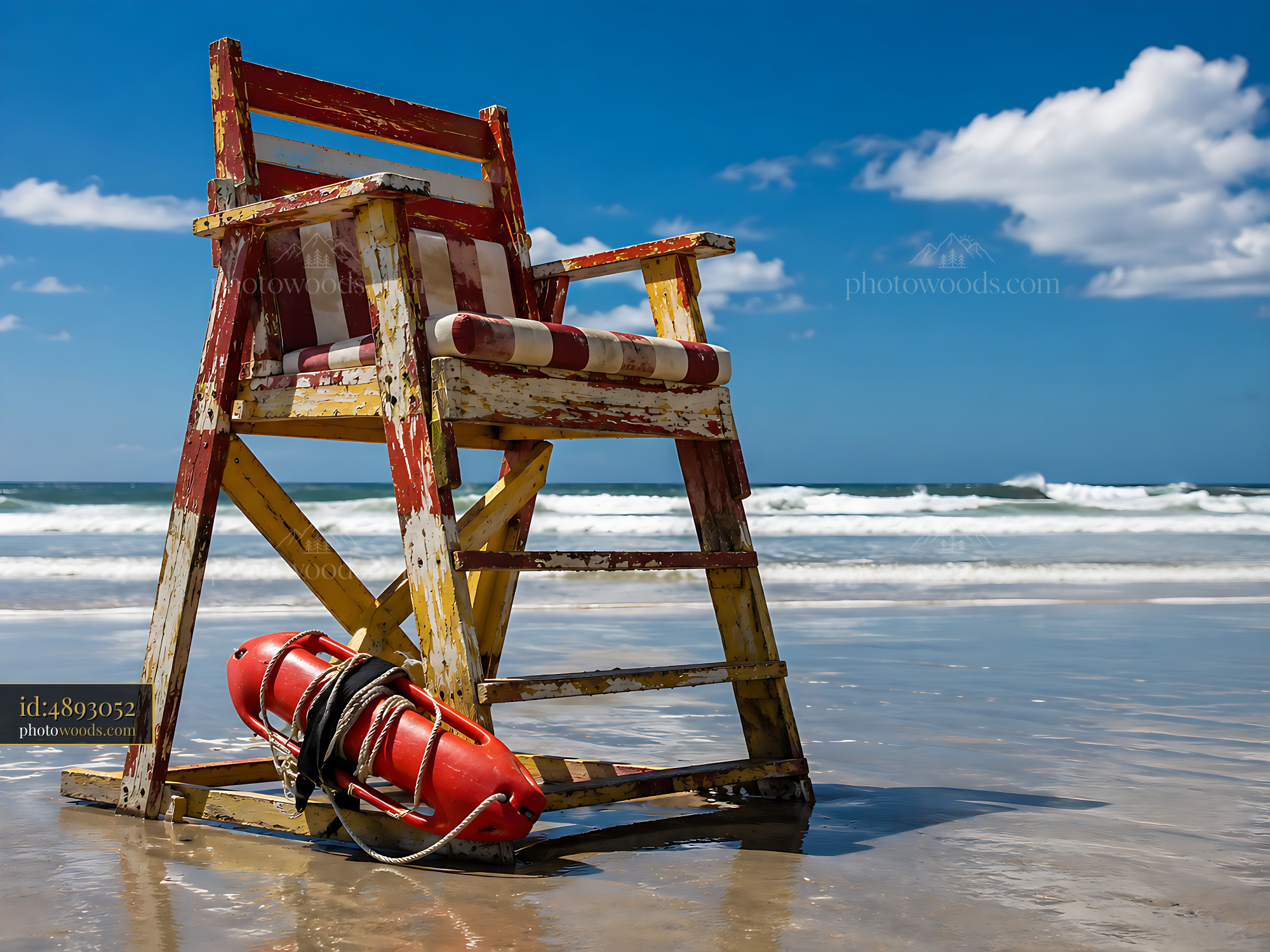 Lifeguard Chair Stands on Sandy Beach Beside Ocean Waves