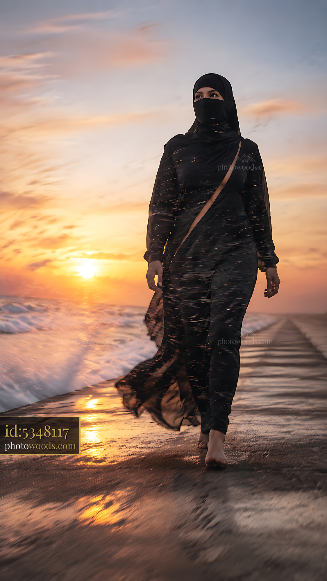 Woman Walks on Beach at Sunset, Waves Splash at Her Feet