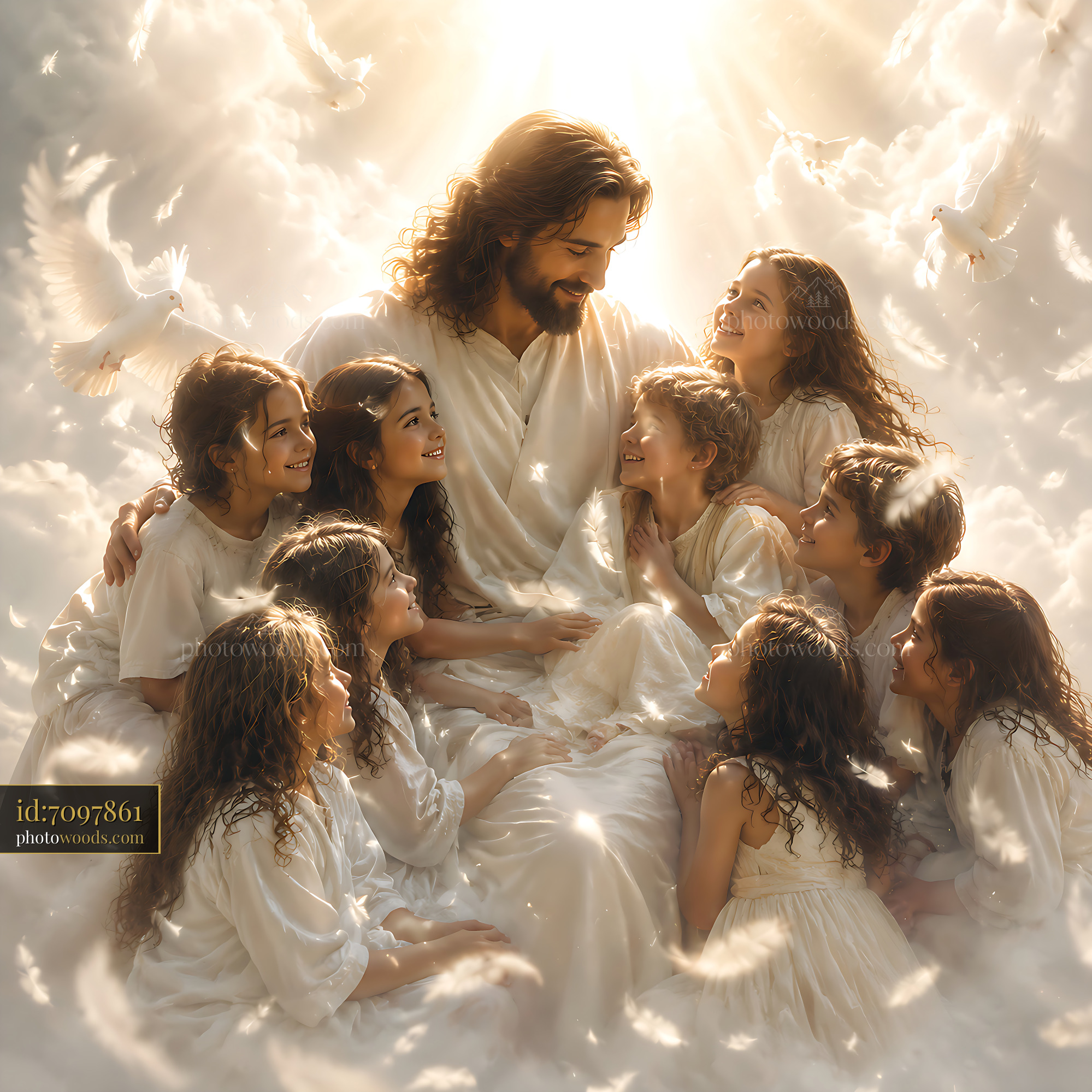 Jesus Sitting With Children, Doves Flying Around in Soft Light