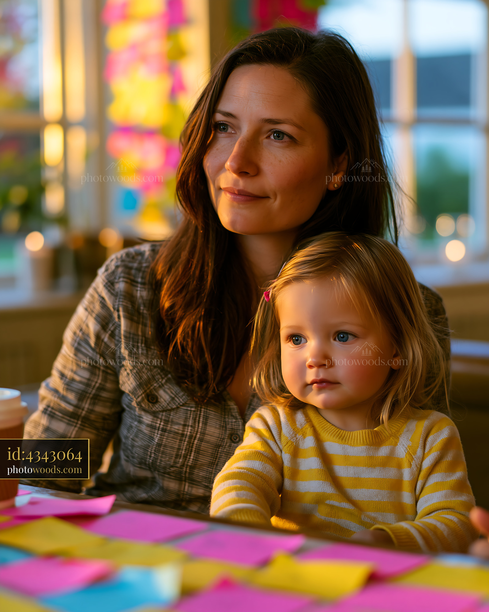 Working Mother With Toddler in a Cozy Workspace During Sunset