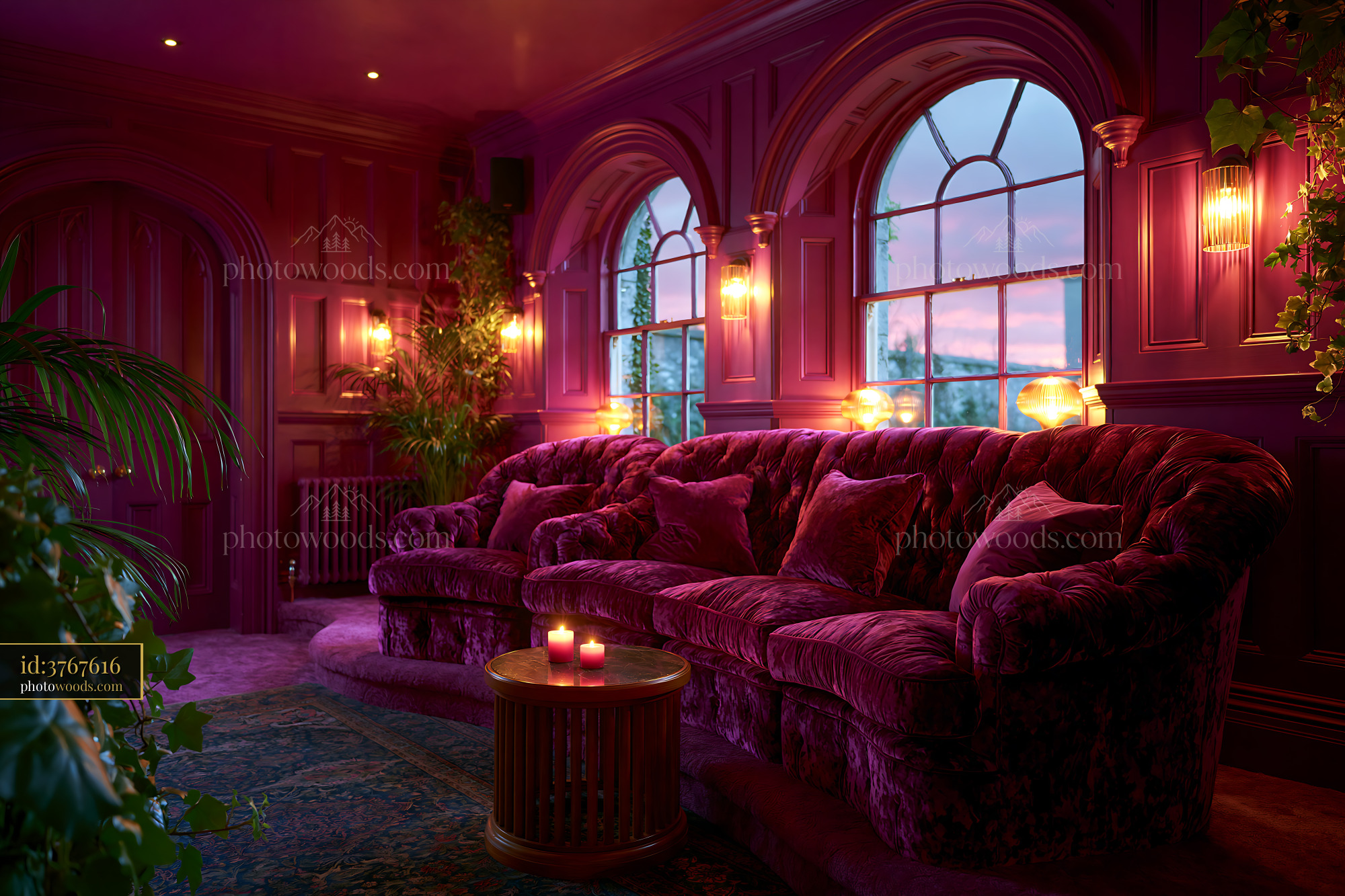 Velvet Seating in a Home Cinema With Warm Lighting at Sunset