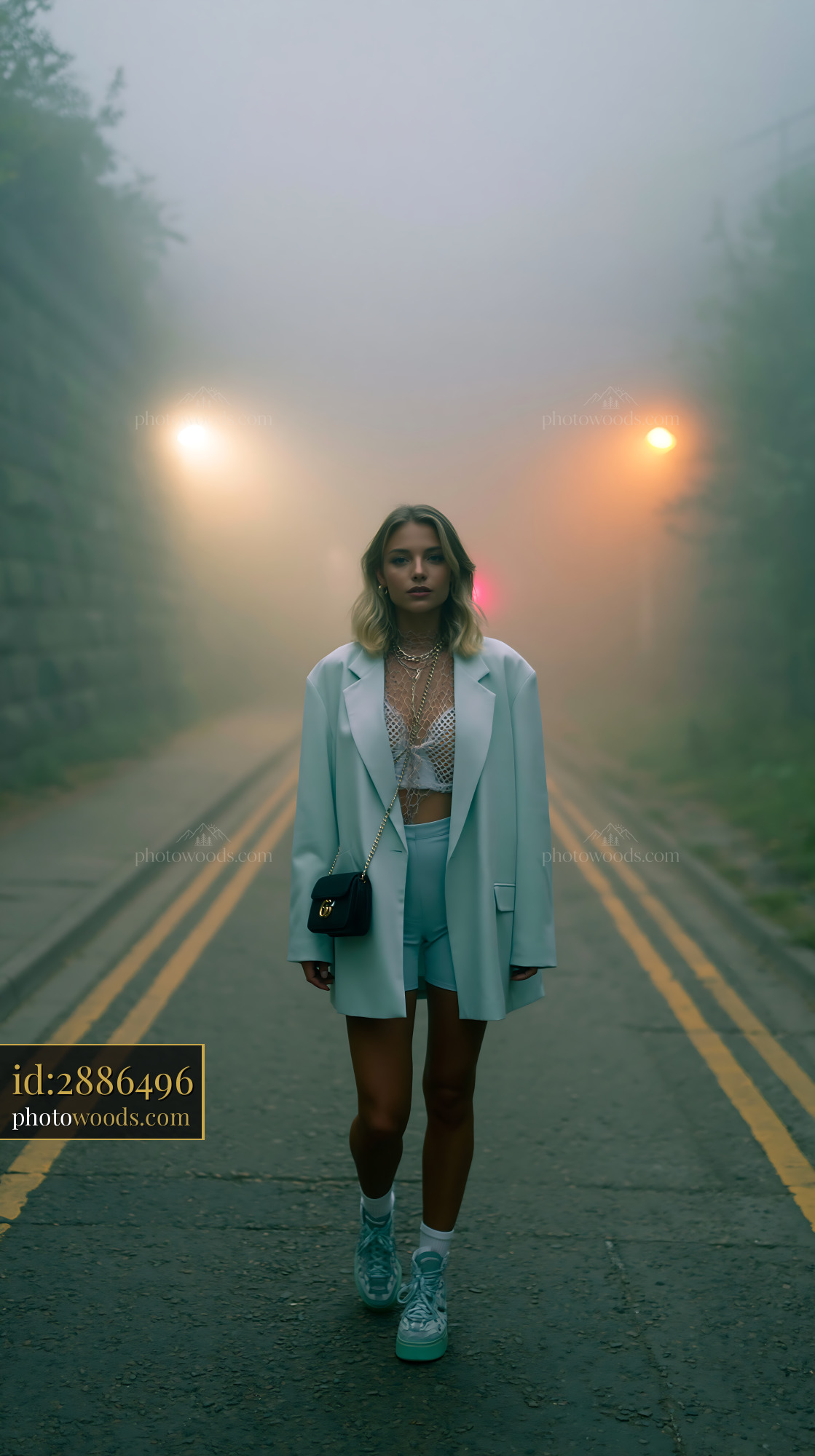 Woman in Oversized Blazer and Bike Shorts Walking in Foggy Street