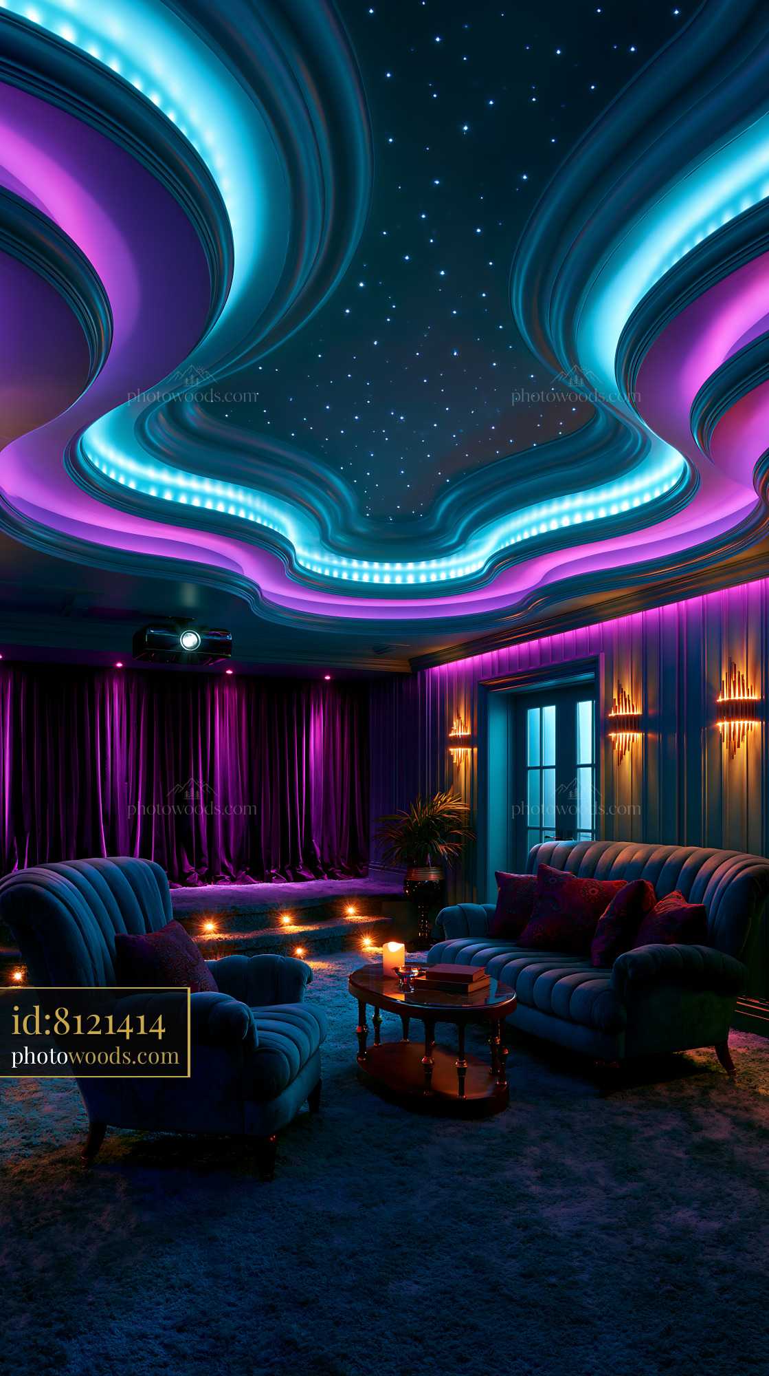 Futuristic Basement Theater With LED Lights in Dark Setting
