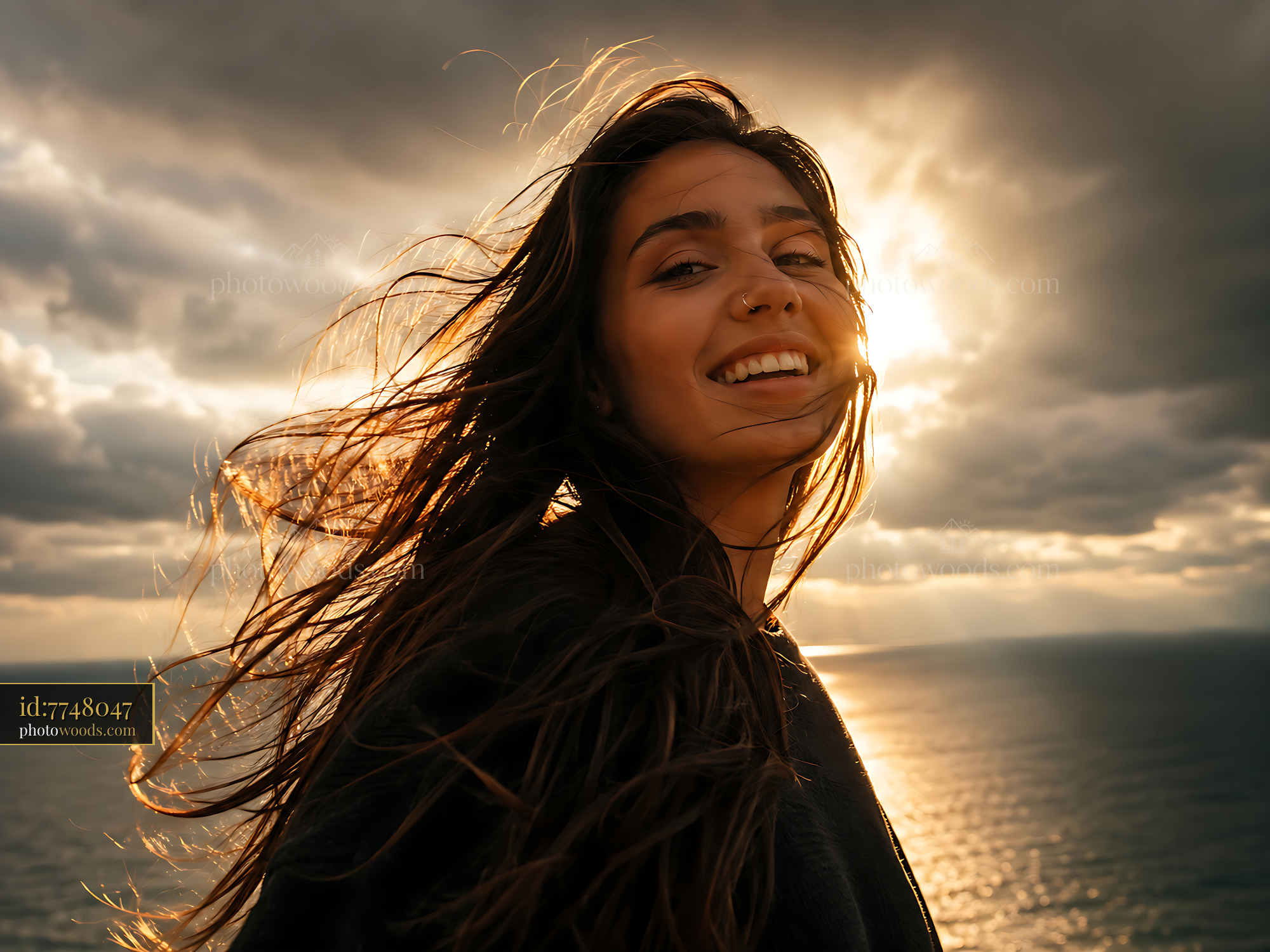 Woman Standing by the Sea With Sunlight in Her Hair and Smile