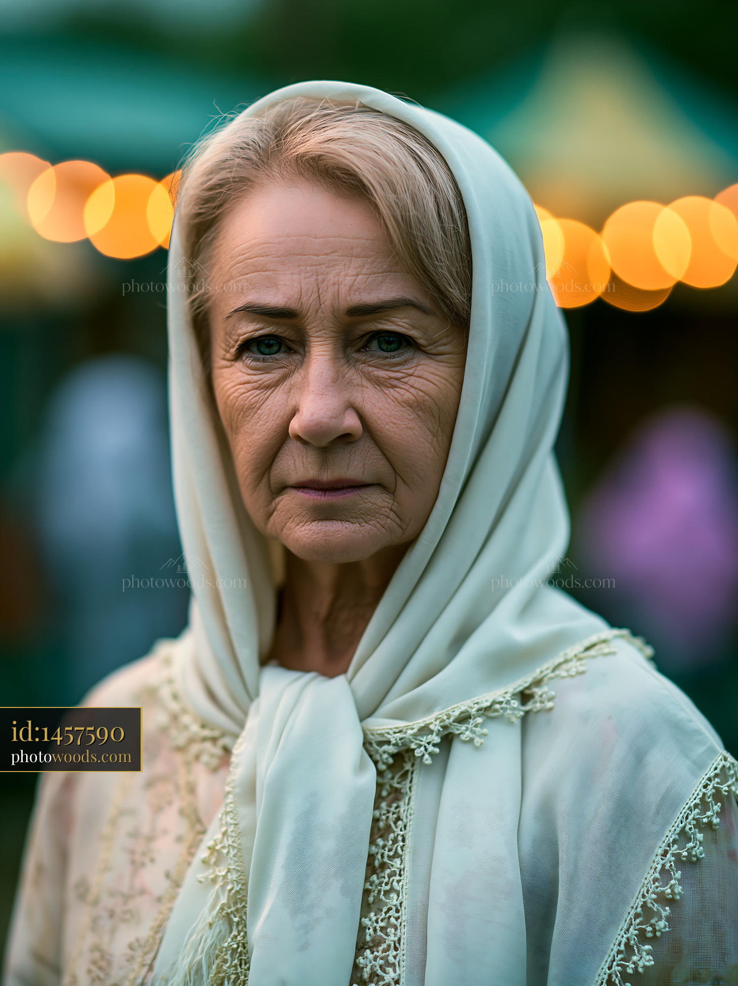 Woman in Headscarf Gazes at Camera During Outdoor Event