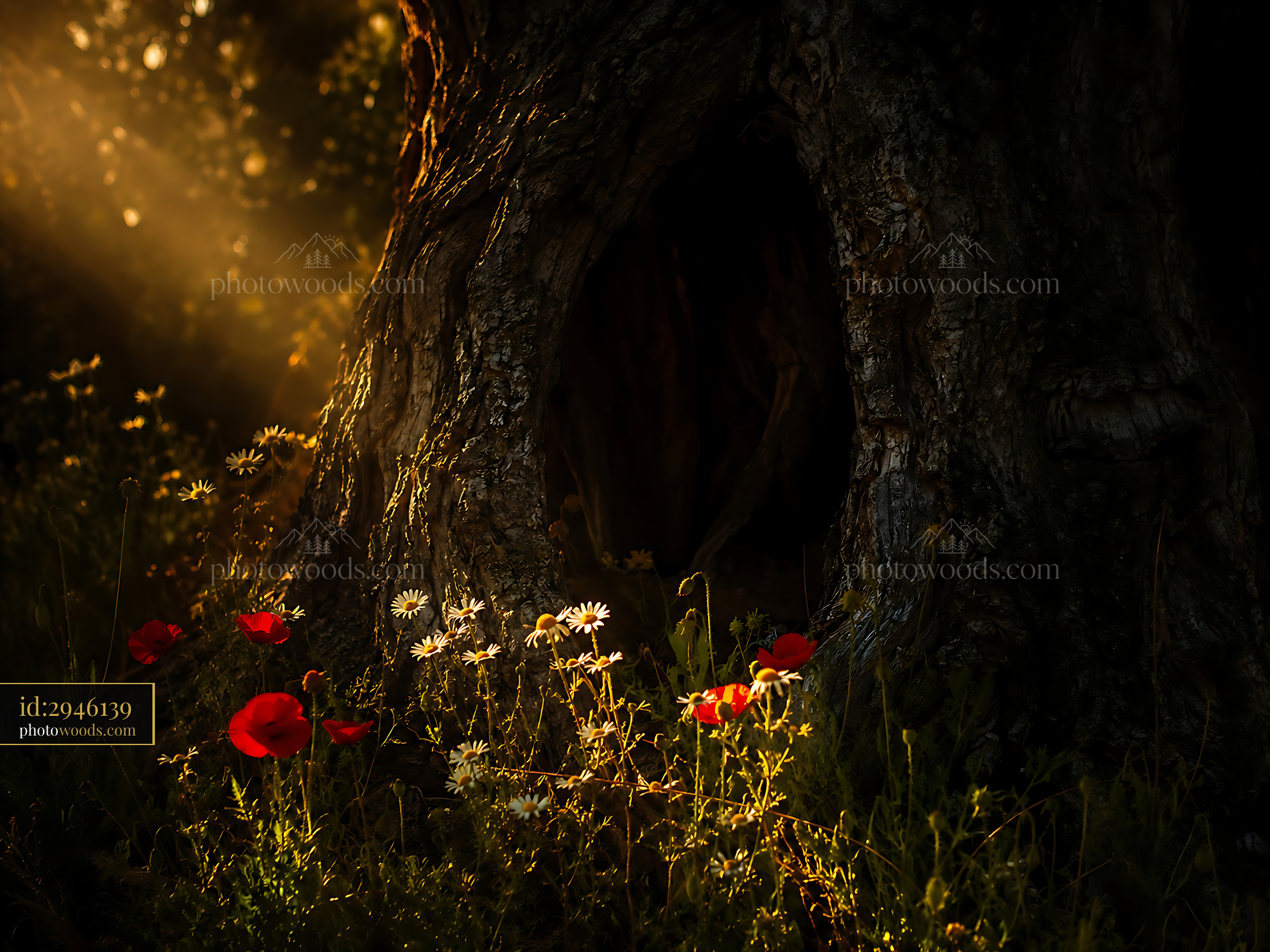 Flowers Surround a Tree Trunk With Sunlight Peeking Through