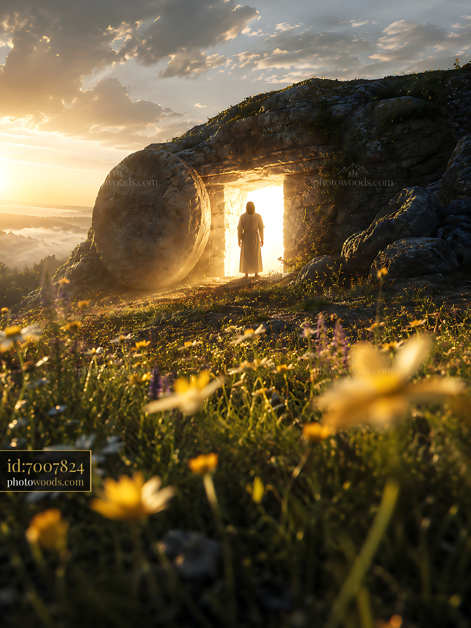 Person Stands at Cave Entrance With Sunlight and Flowers Nearby