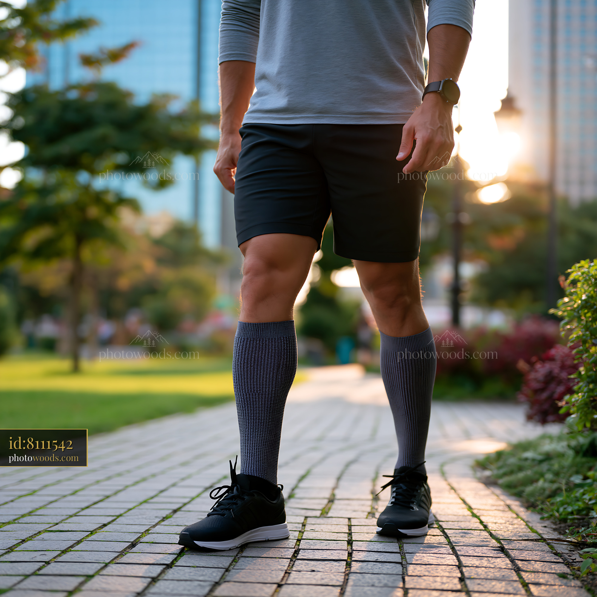 Office Worker Wearing Compression Stockings in Urban Park Setting