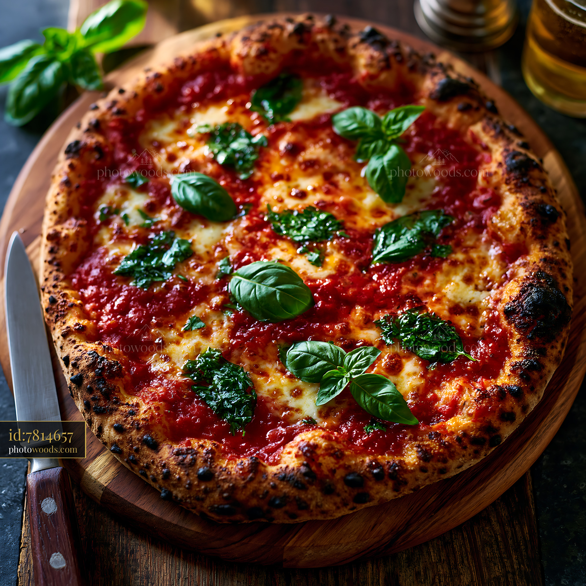 Wood Fired Margherita Pizza With Fresh Basil Leaves and Crust