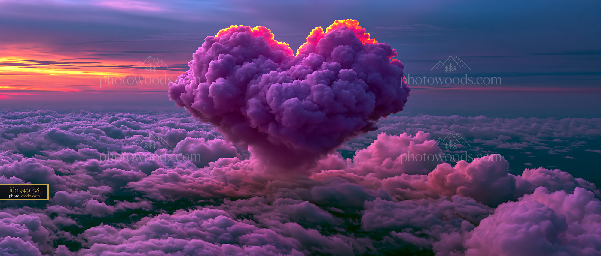 Heart Shaped Cloud at Sunset Above Purple Clouds