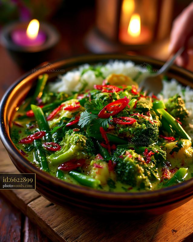Bowl of Thai Green Curry With Jasmine Rice and Fresh Vegetables