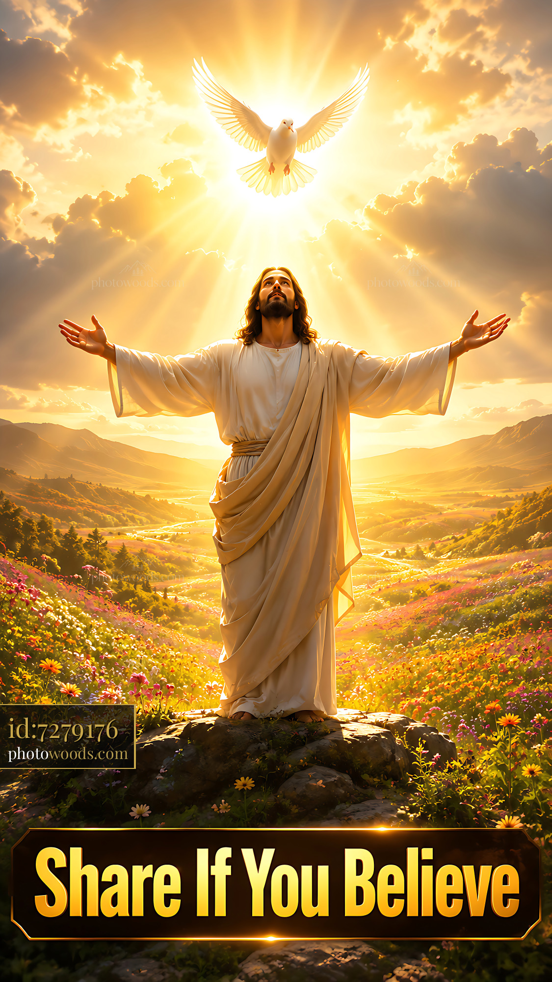Jesus With Open Arms in a Field, Light Shining Above Him