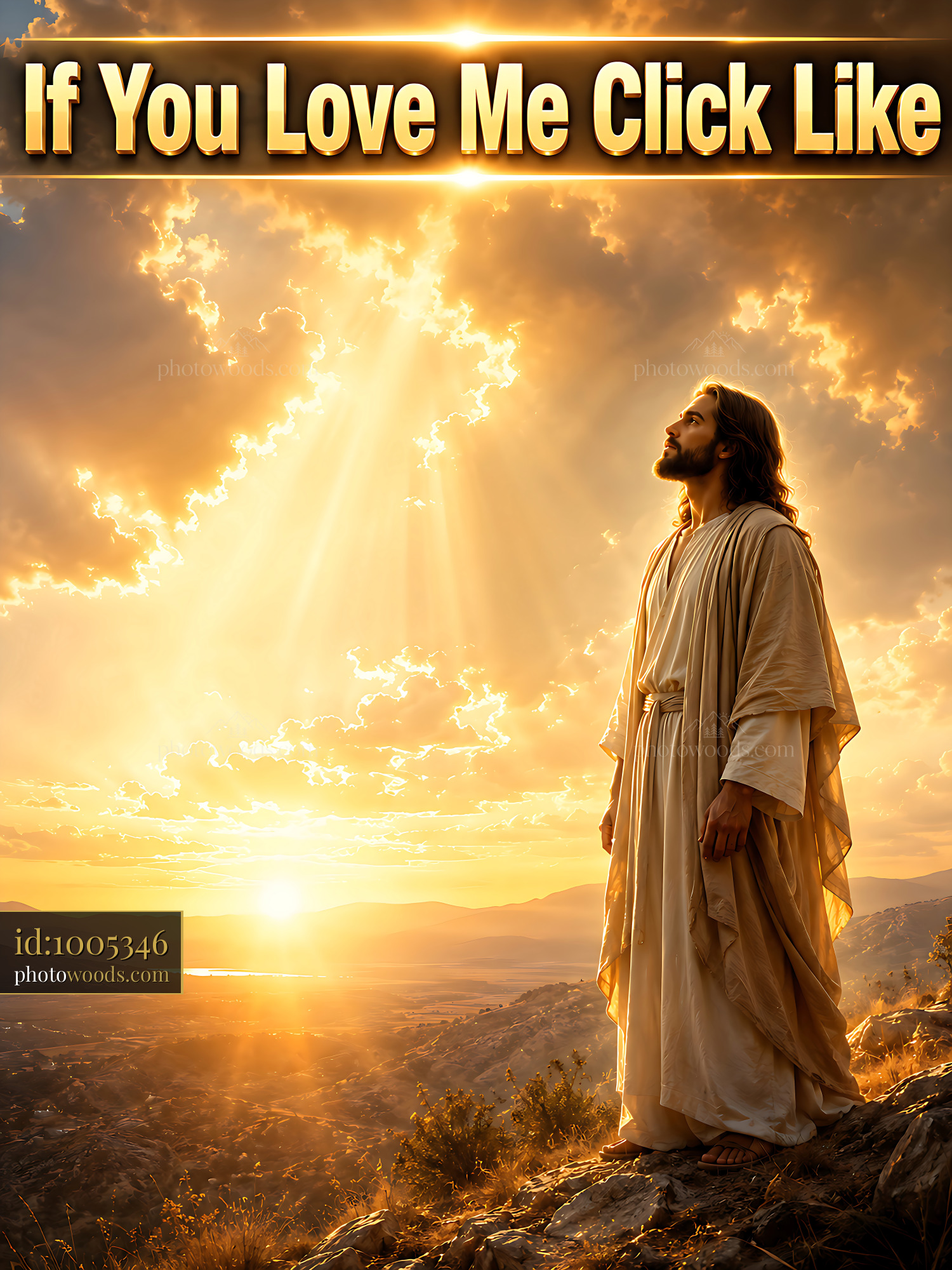 Jesus Stands on a Mountain at Sunset With Rays of Light Shining