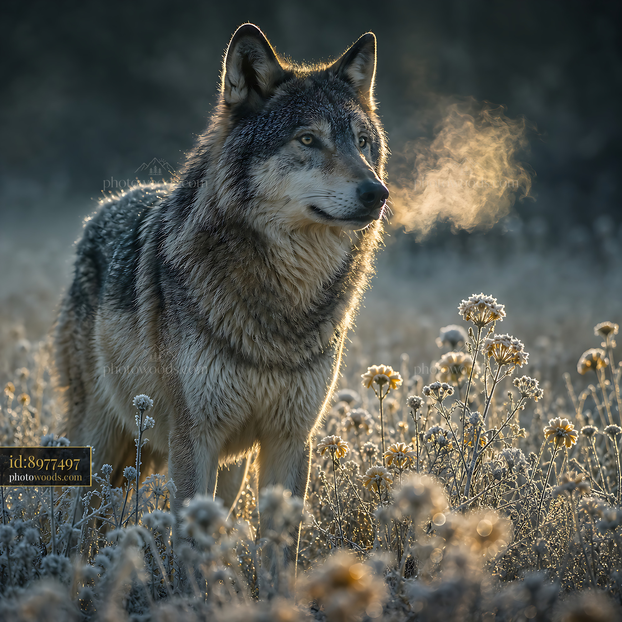 Wolf Stands in a Frosty Field With Morning Fog and Flowers