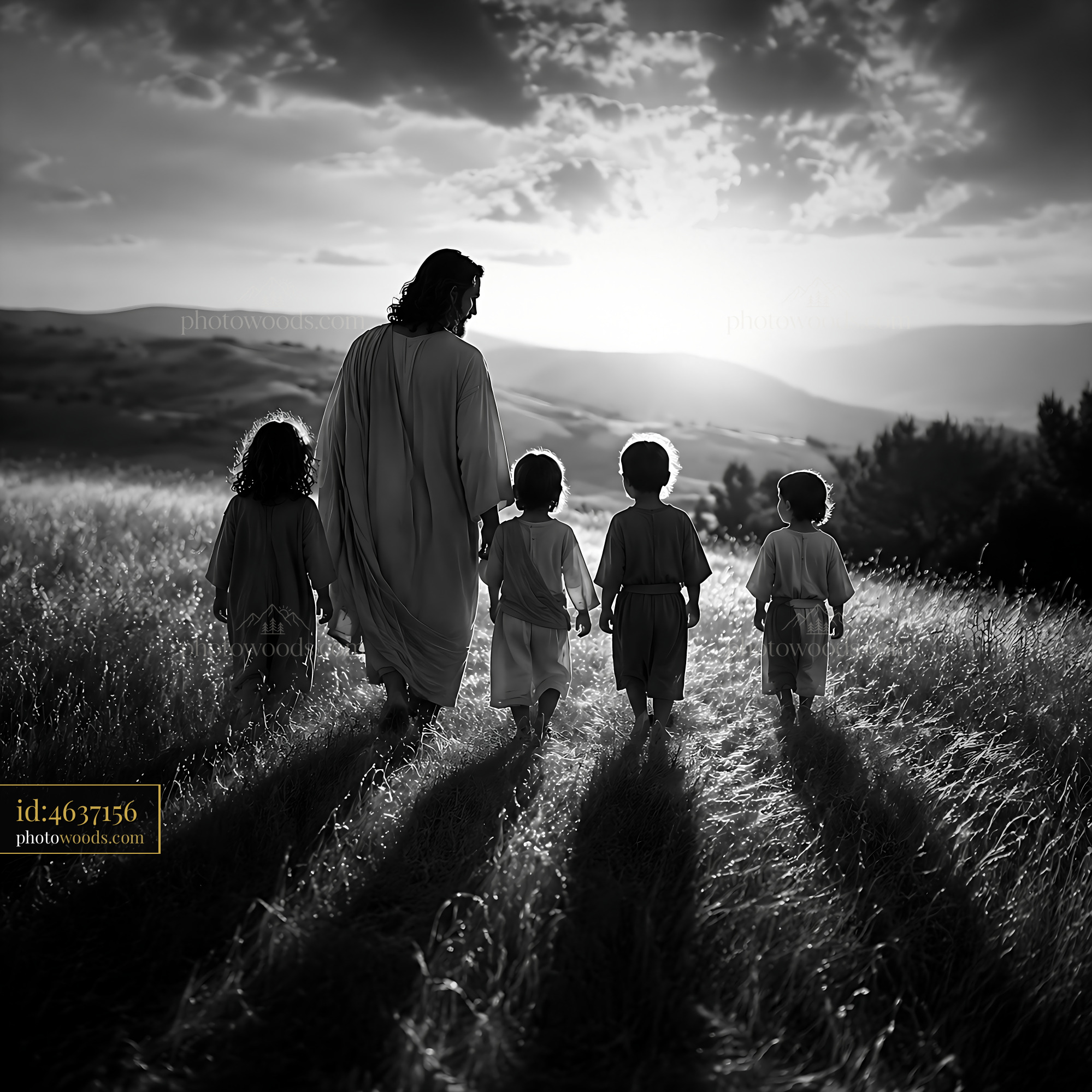 Man Walks With Children in Field During Sunset