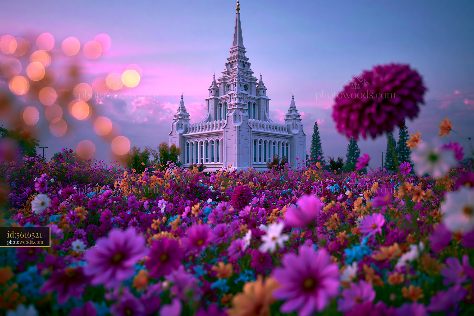 Sacra Temple With Vibrant Flowers at Sunset, Thailand