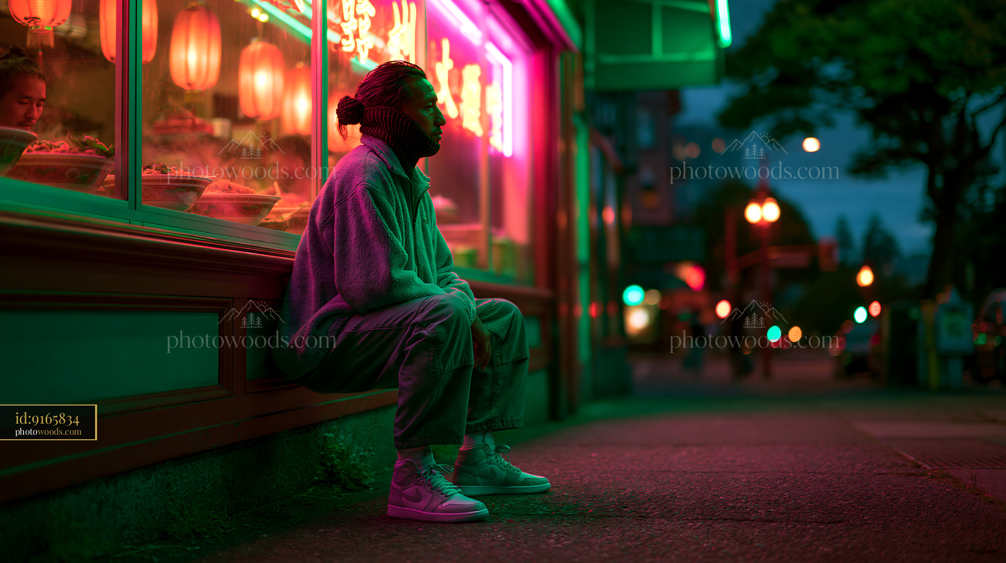 Young Man in Knitted Balaclava Sitting by Neon-Lit Restaurant
