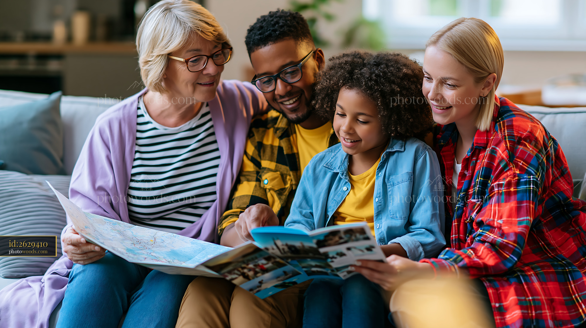 Multiracial Family Reading Together in a Cozy Living Room