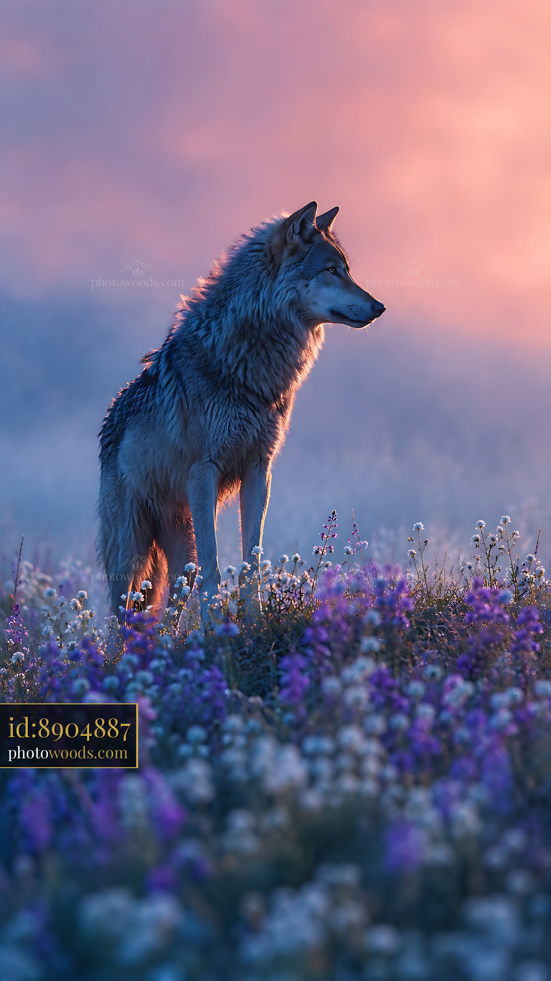 Wolf Stands Among Flowers at Sunset in a Misty Field