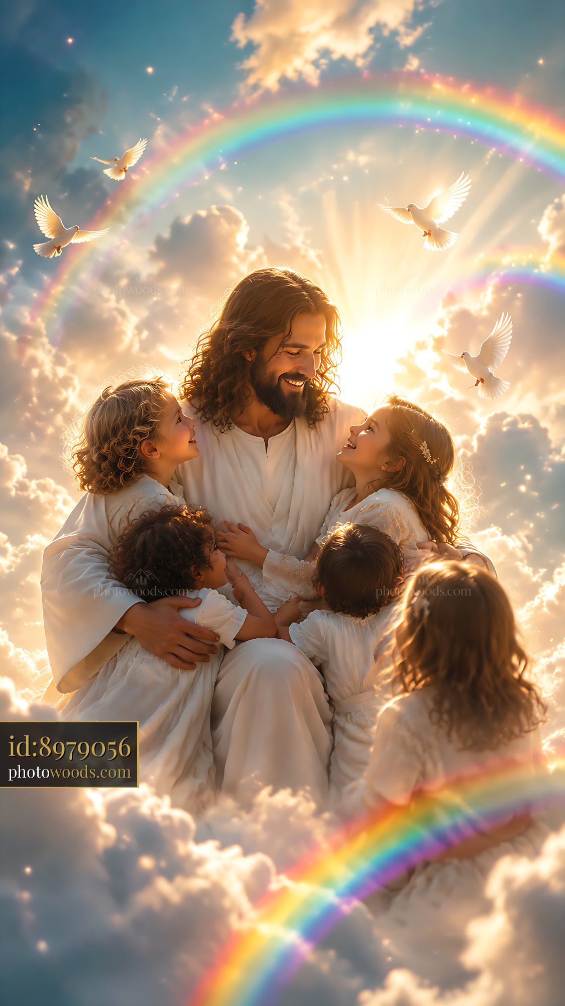 Jesus Embraces Children Surrounded by Clouds and Rainbows