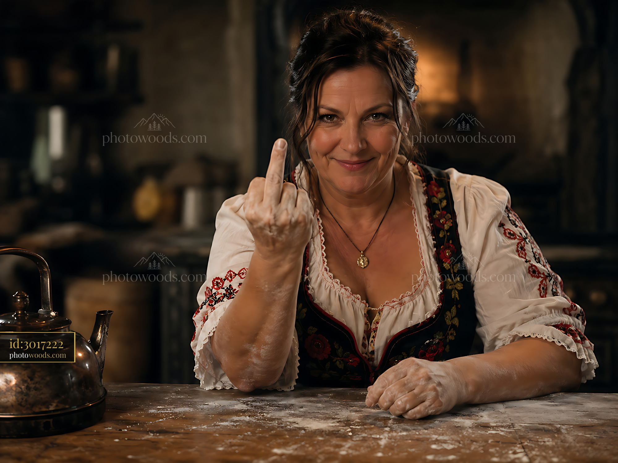 Woman Showing Finger Gesture in Rustic Kitchen With Flour