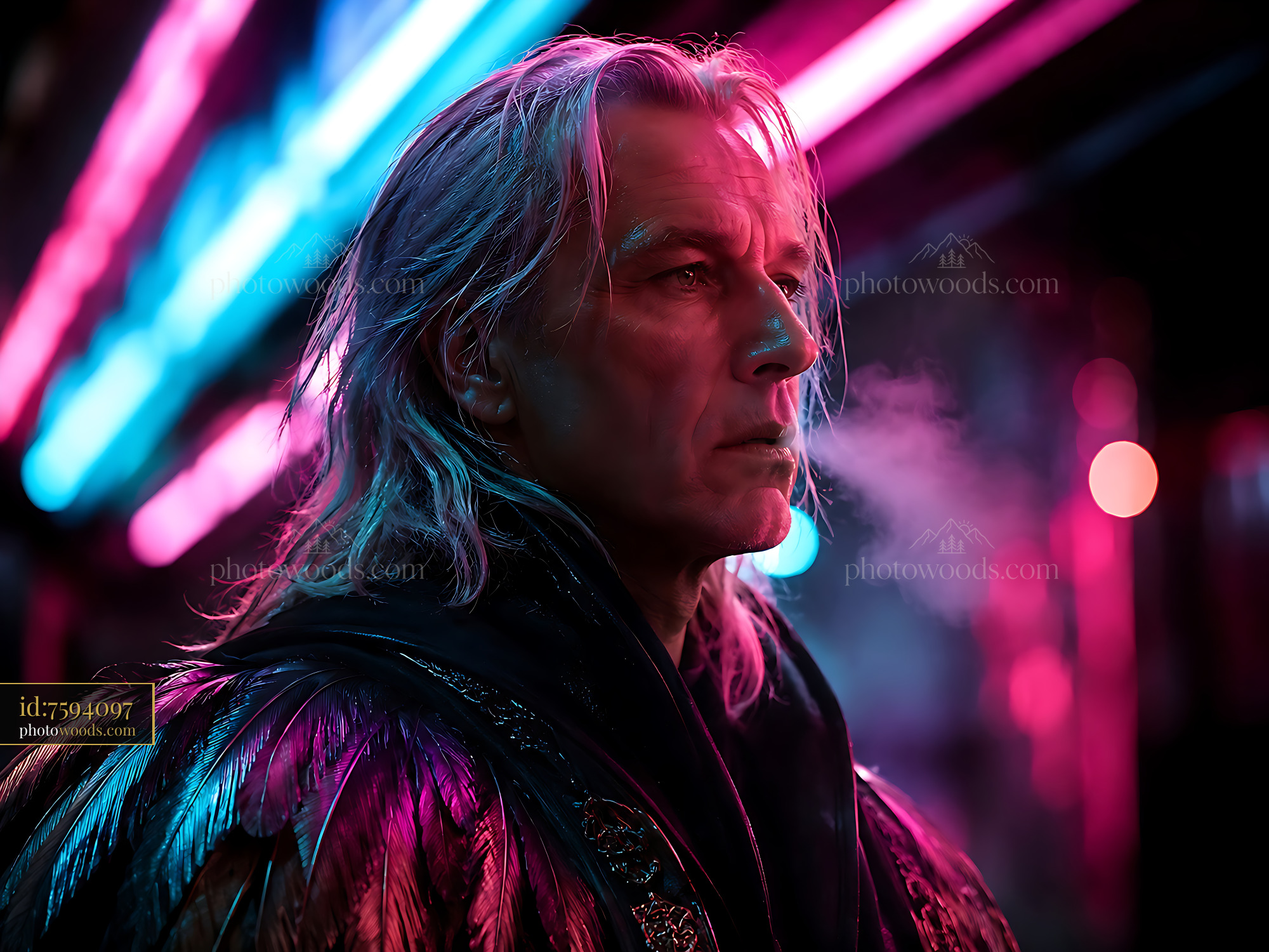 Character With Long Hair and Dark Clothing Stands in Neon Lights