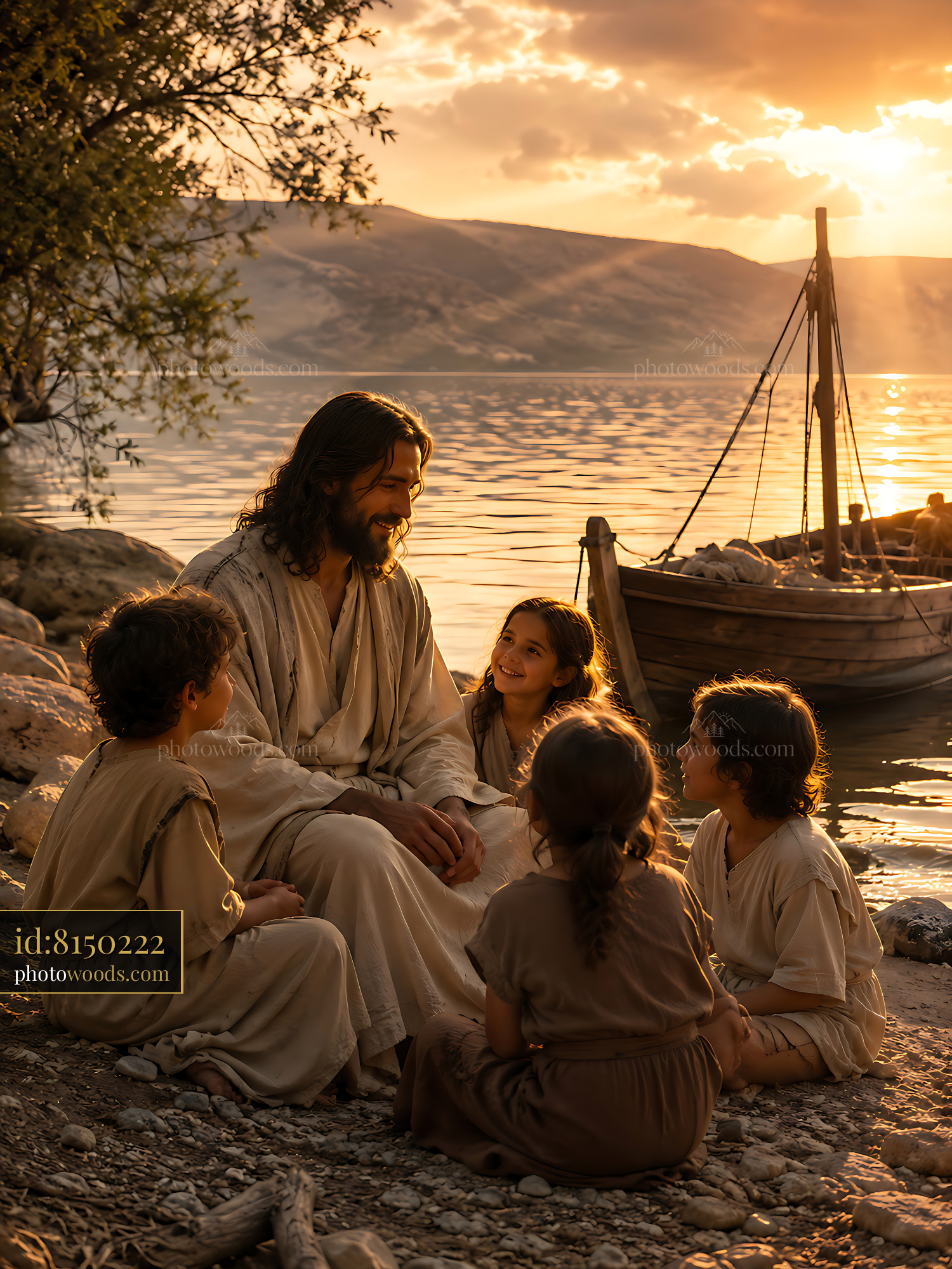 Jesus Teaches Children by the Lakeshore During Sunset