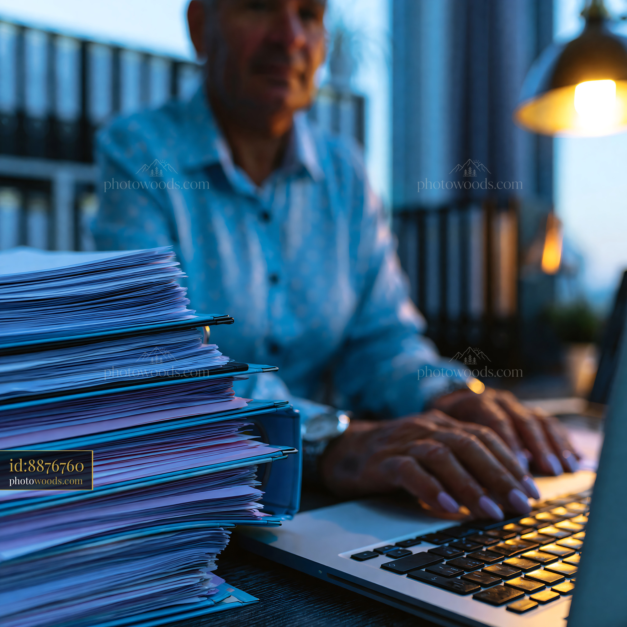 Compliance Officer Reviewing Documents at Desk During Evening
