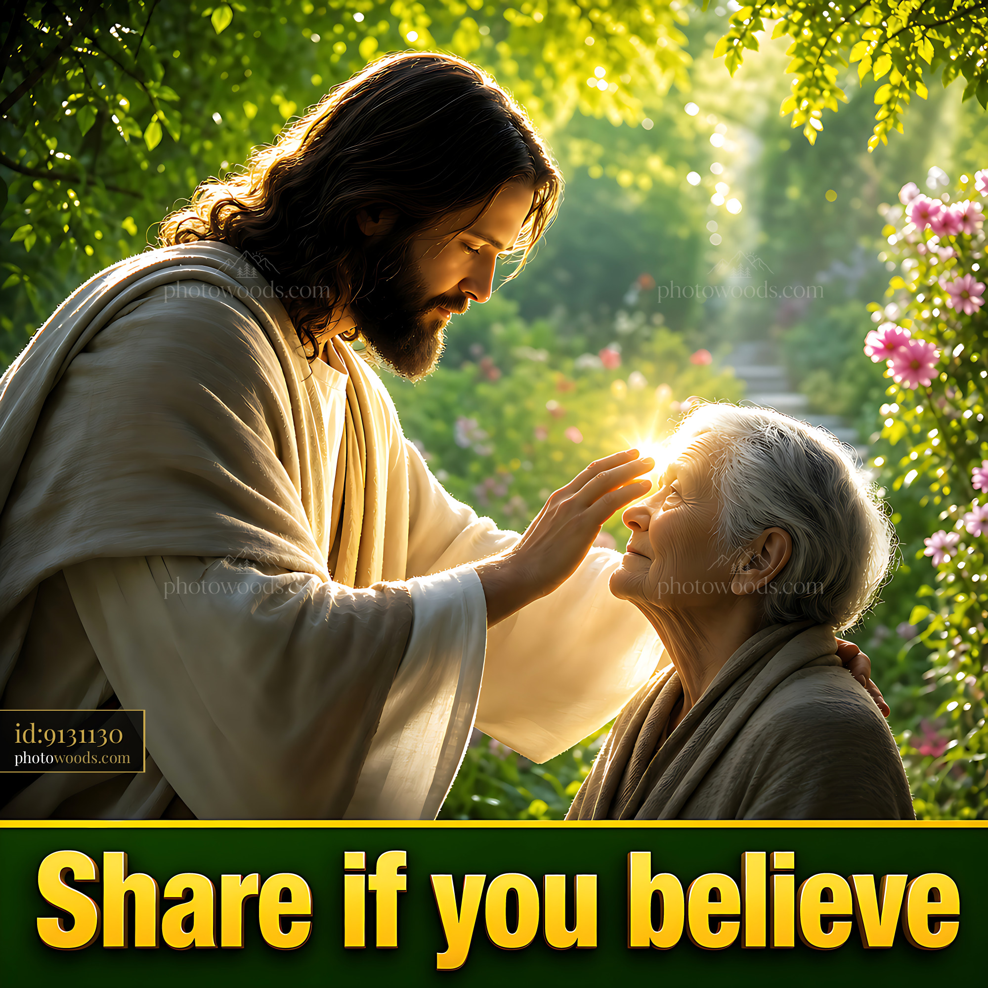 Jesus Blessing an Elderly Woman in a Garden Setting During Daylight