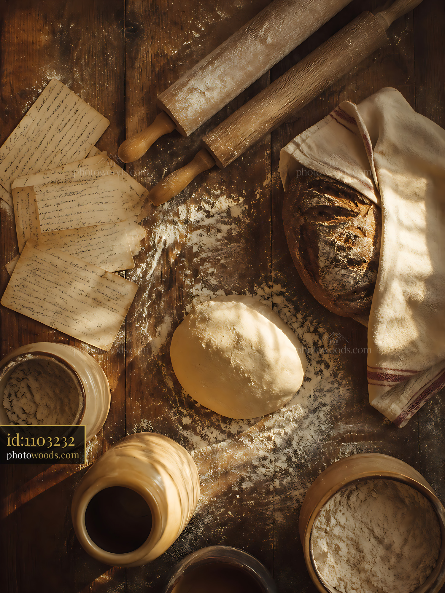 Dough Sits on a Wooden Table Beside Tools and Flour Containers