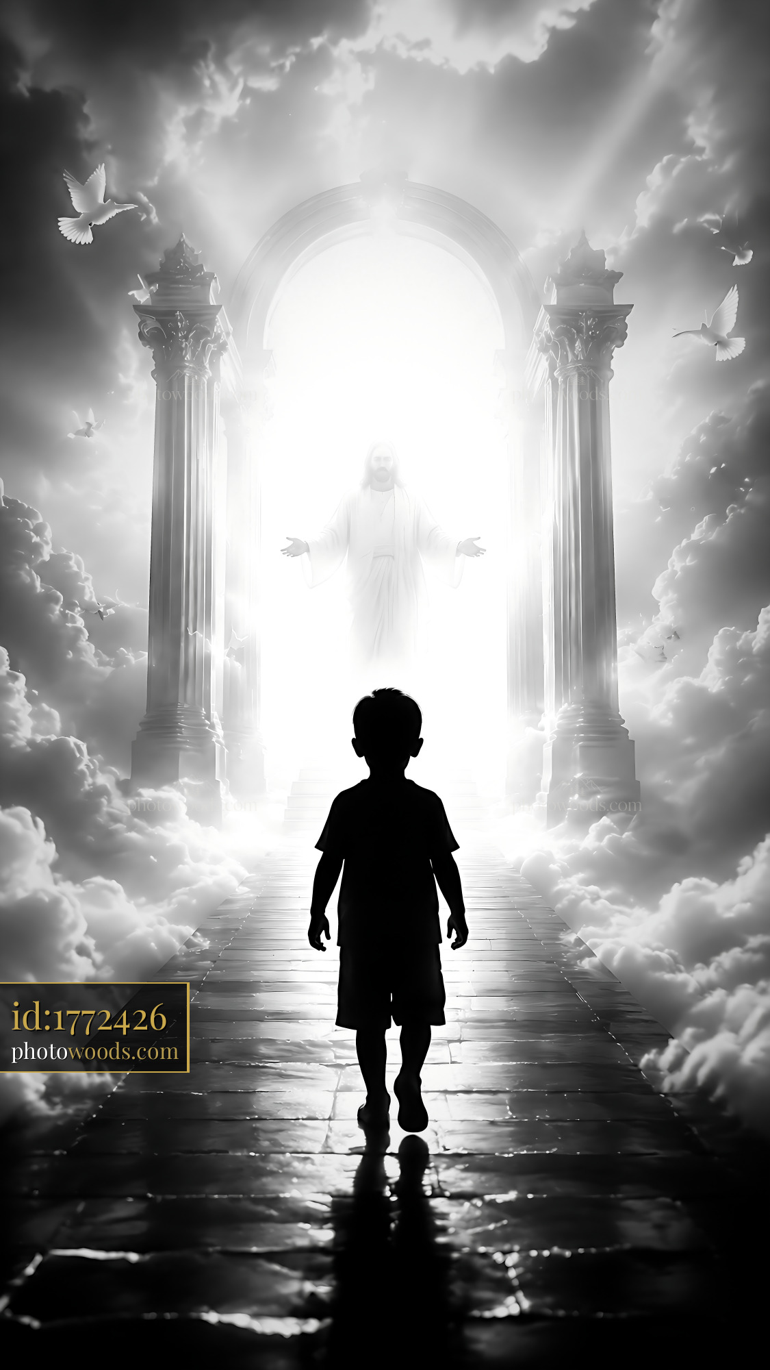 Child Walking Towards Bright Light in a Cloud-Filled Scene