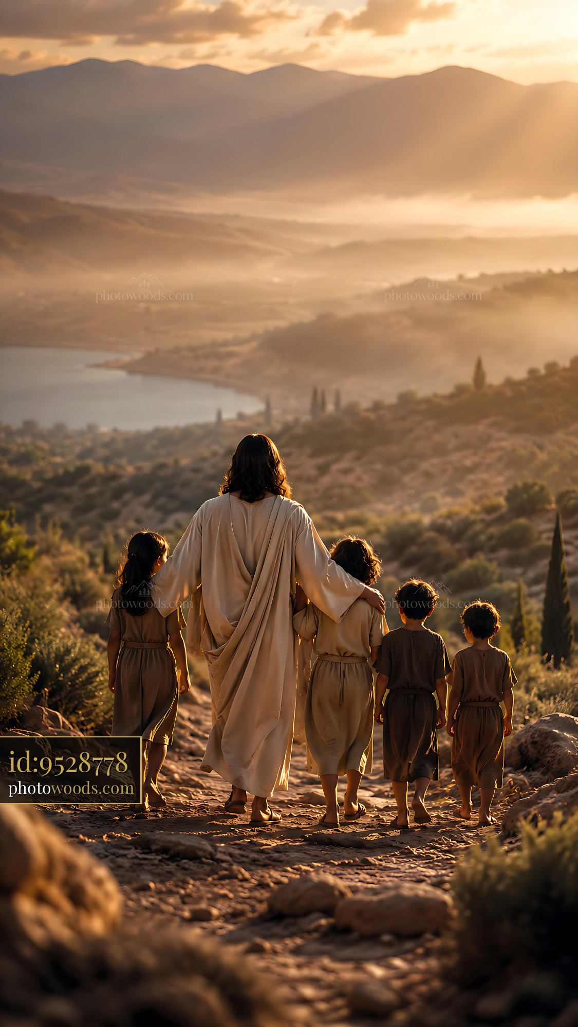 Man Walks With Children Along a Path in a Scenic Landscape