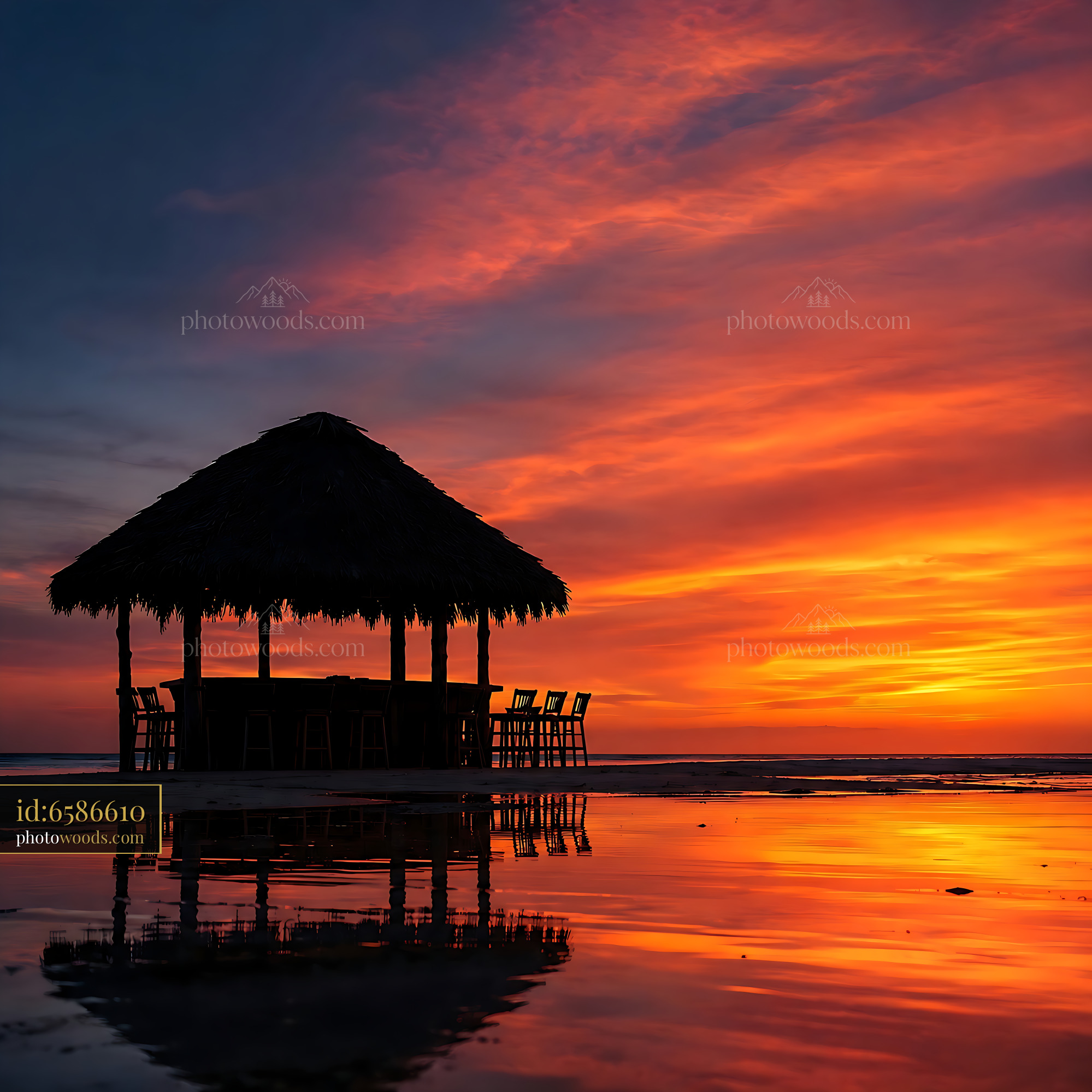 Sunset Silhouette of a Beach Hut and Chairs Near the Water
