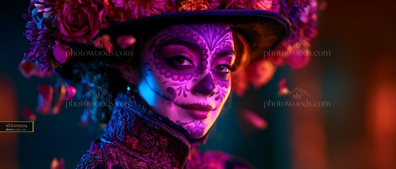 Portrait of a woman with floral face paint and flowered hat