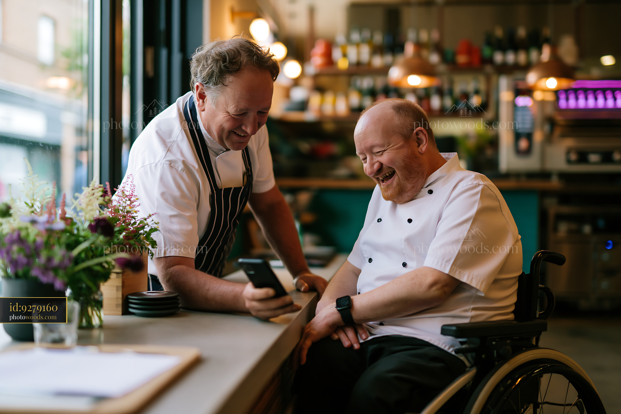 Happy Chef in Wheelchair With Assistant Sharing a Moment