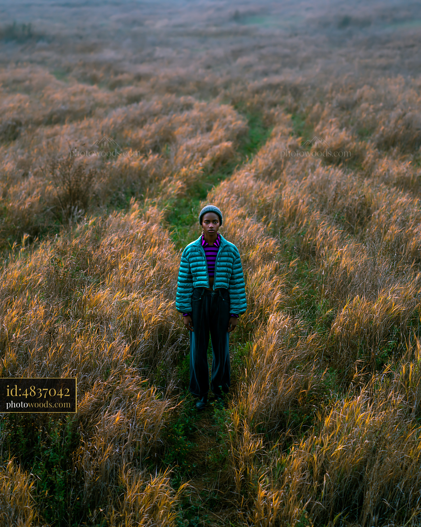 Striking Woman in Puffer Jacket Standing in Tall Grass