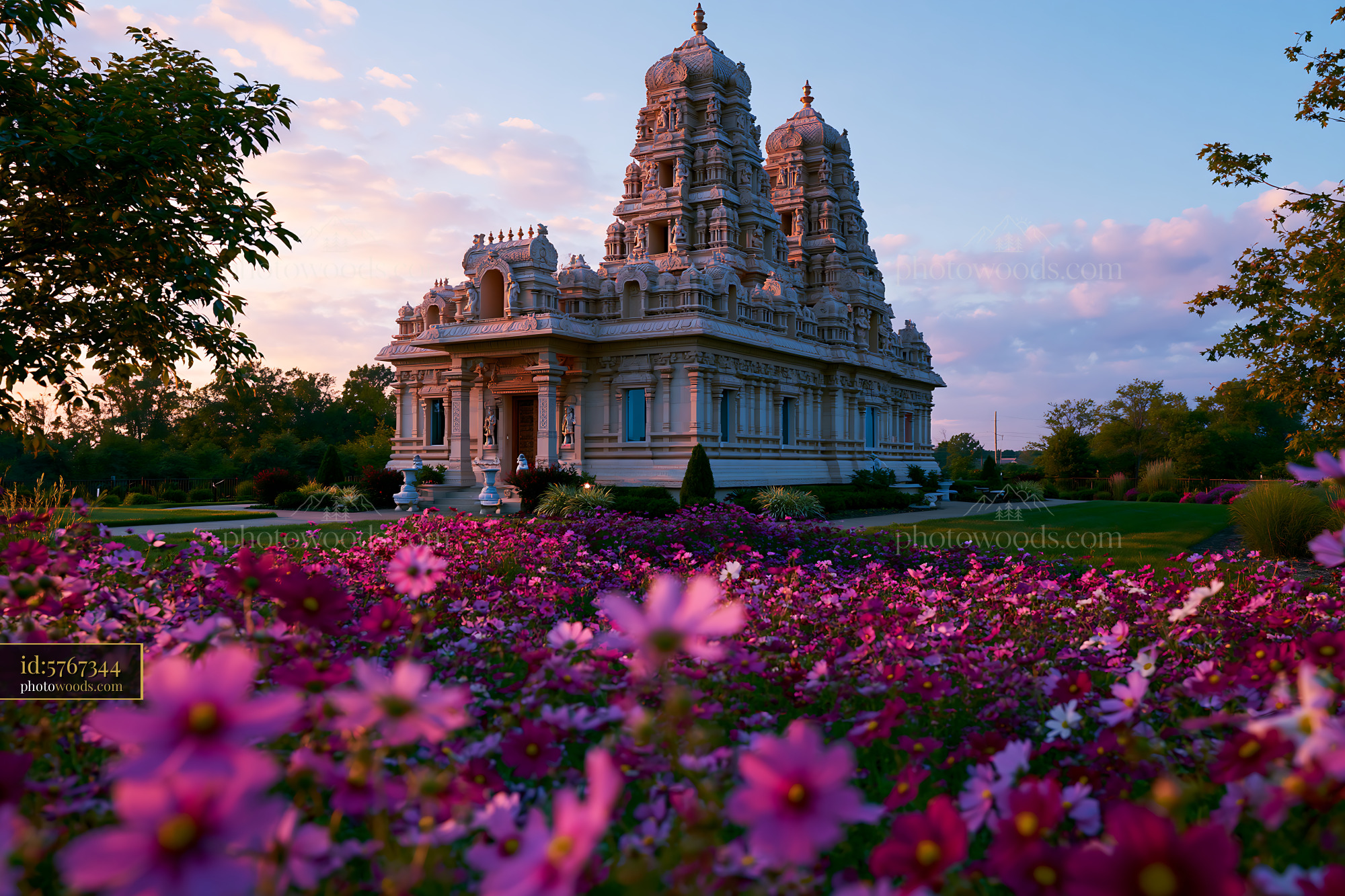 BAPS Shri Swaminarayan Mandir in Brightly Colored Flower Garden