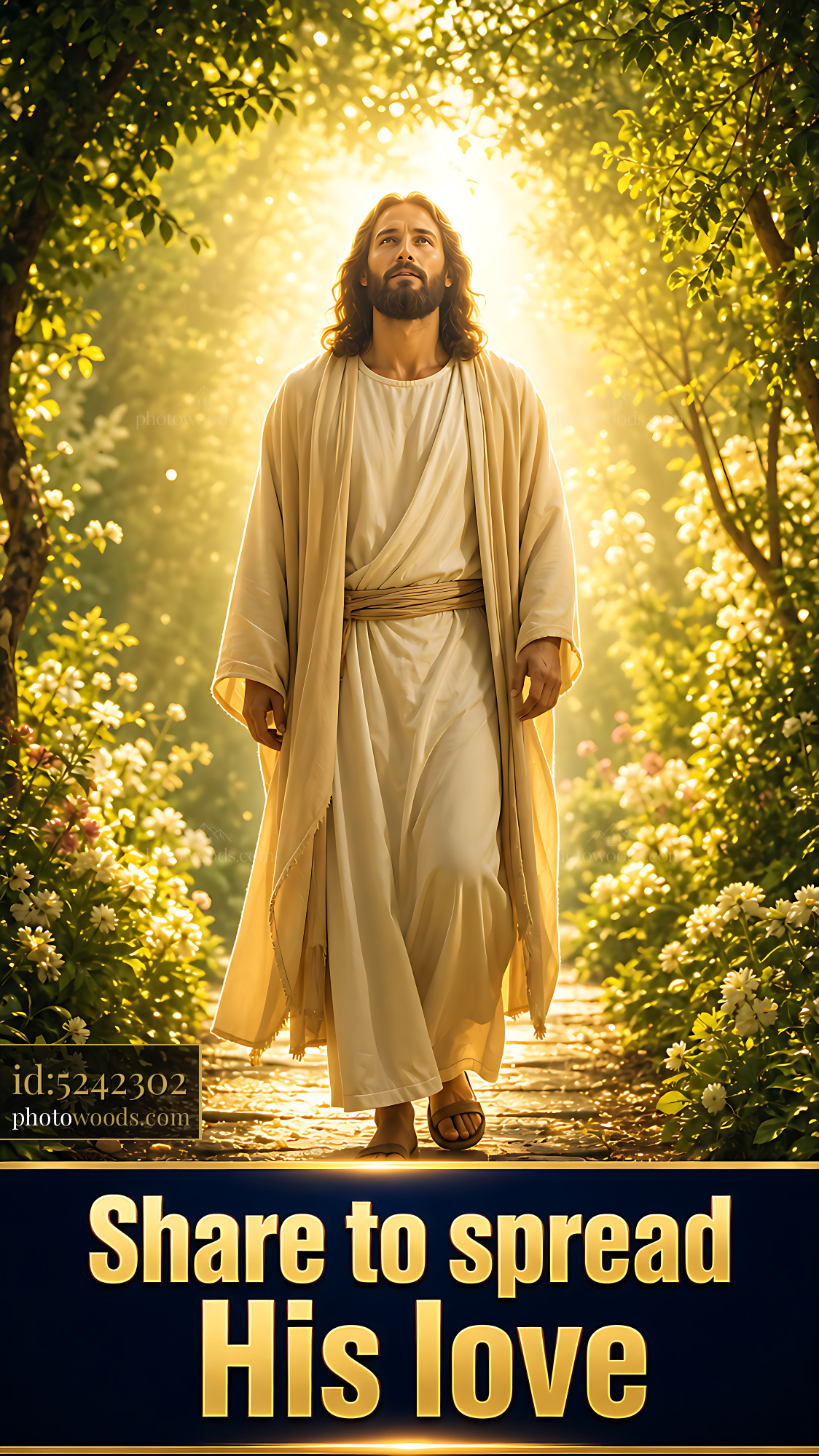 Jesus Walks Through a Path Surrounded by Trees and Flowers