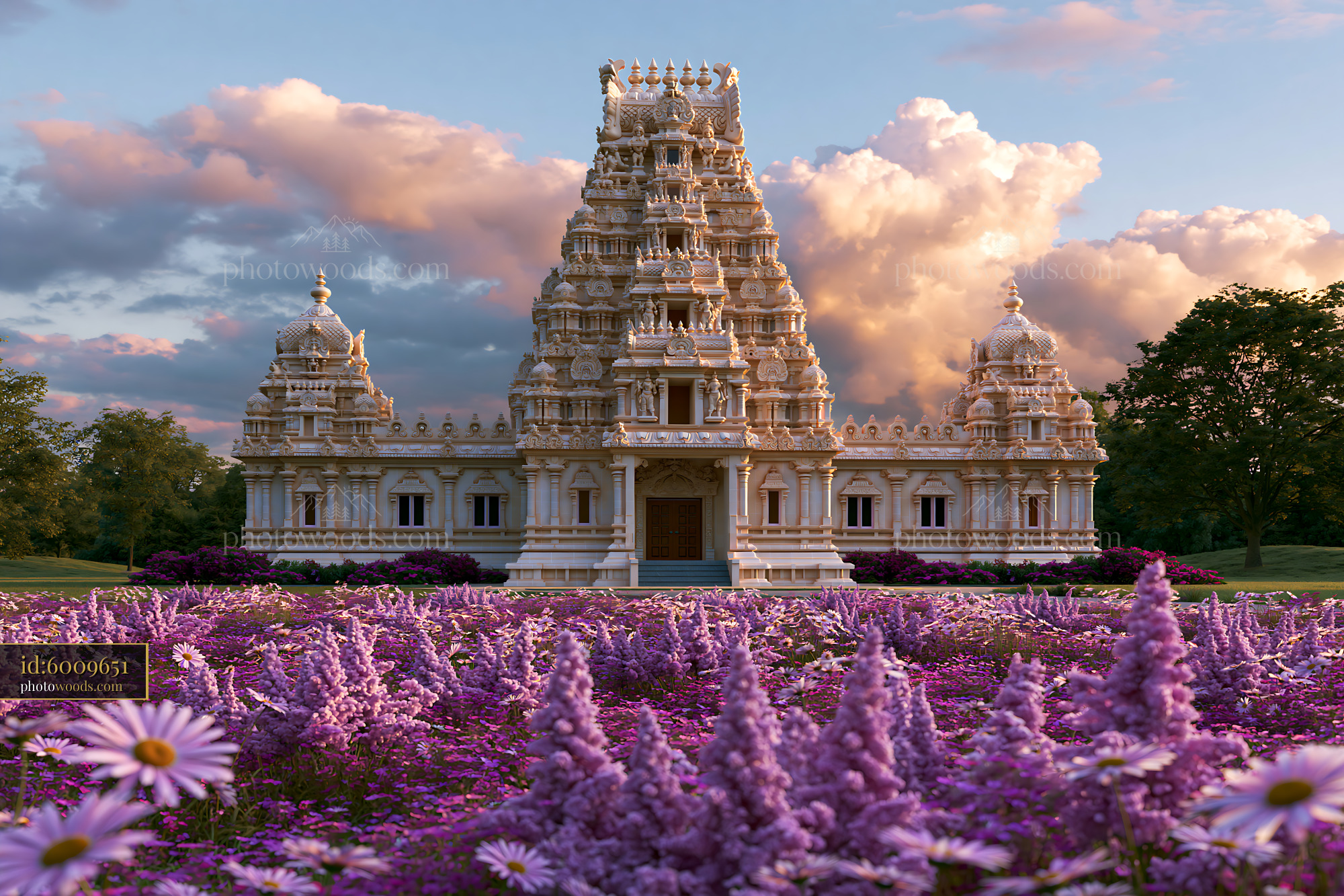 Sri K Temple With Purple Flowers in the Foreground During Sunset
