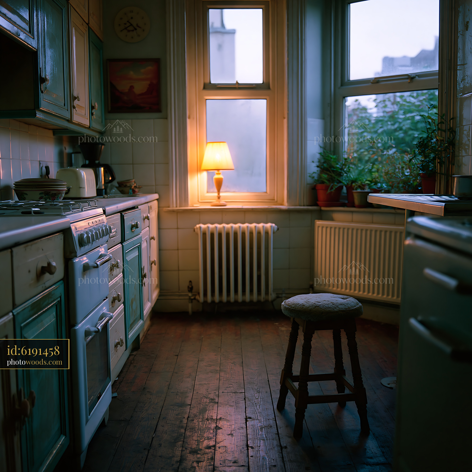 Shabby Kitchen With Mismatched Cupboard Doors in Soft Evening Light