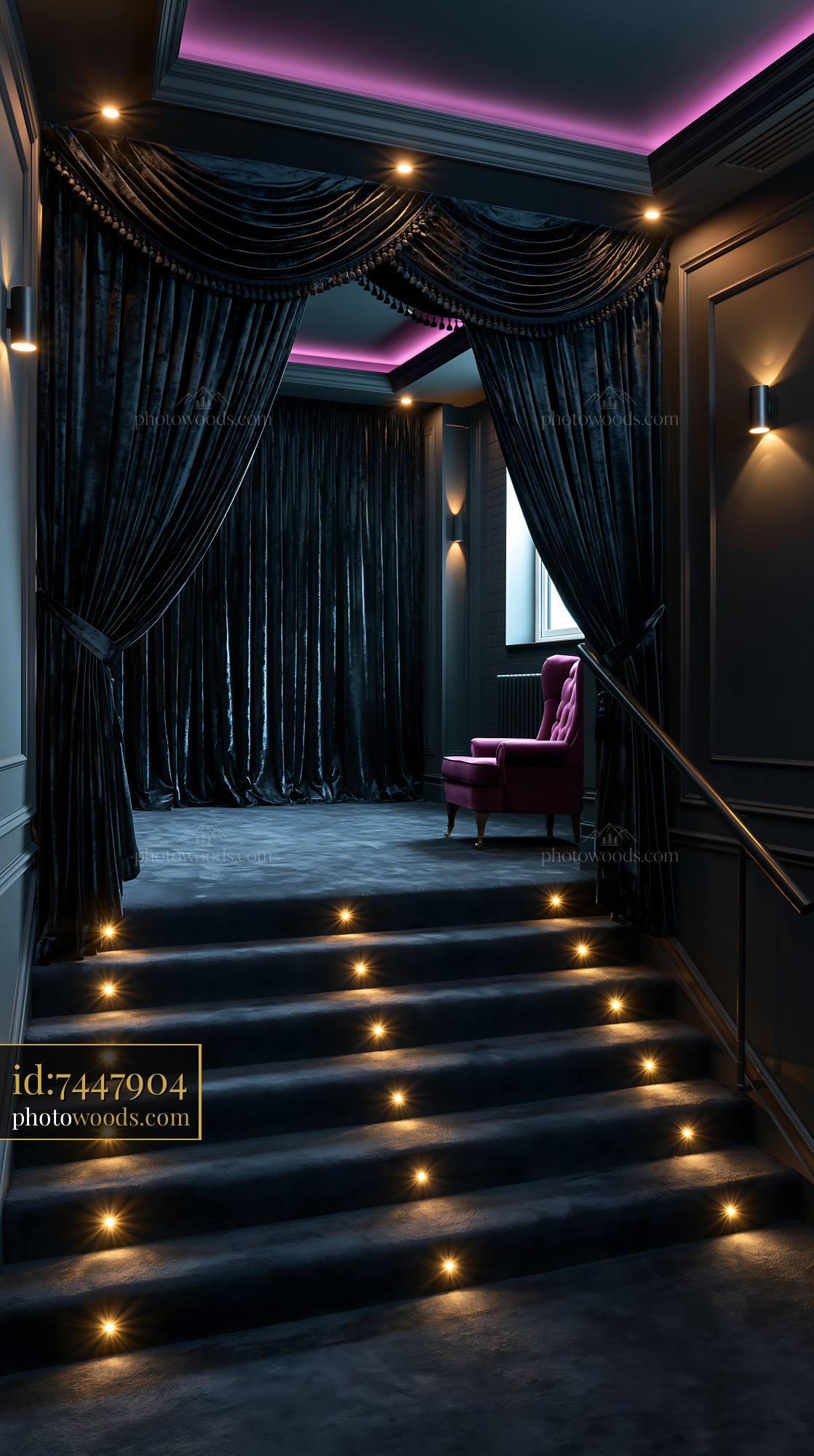 Monochrome Basement Theater With Velvet Curtains and Ambient Lighting