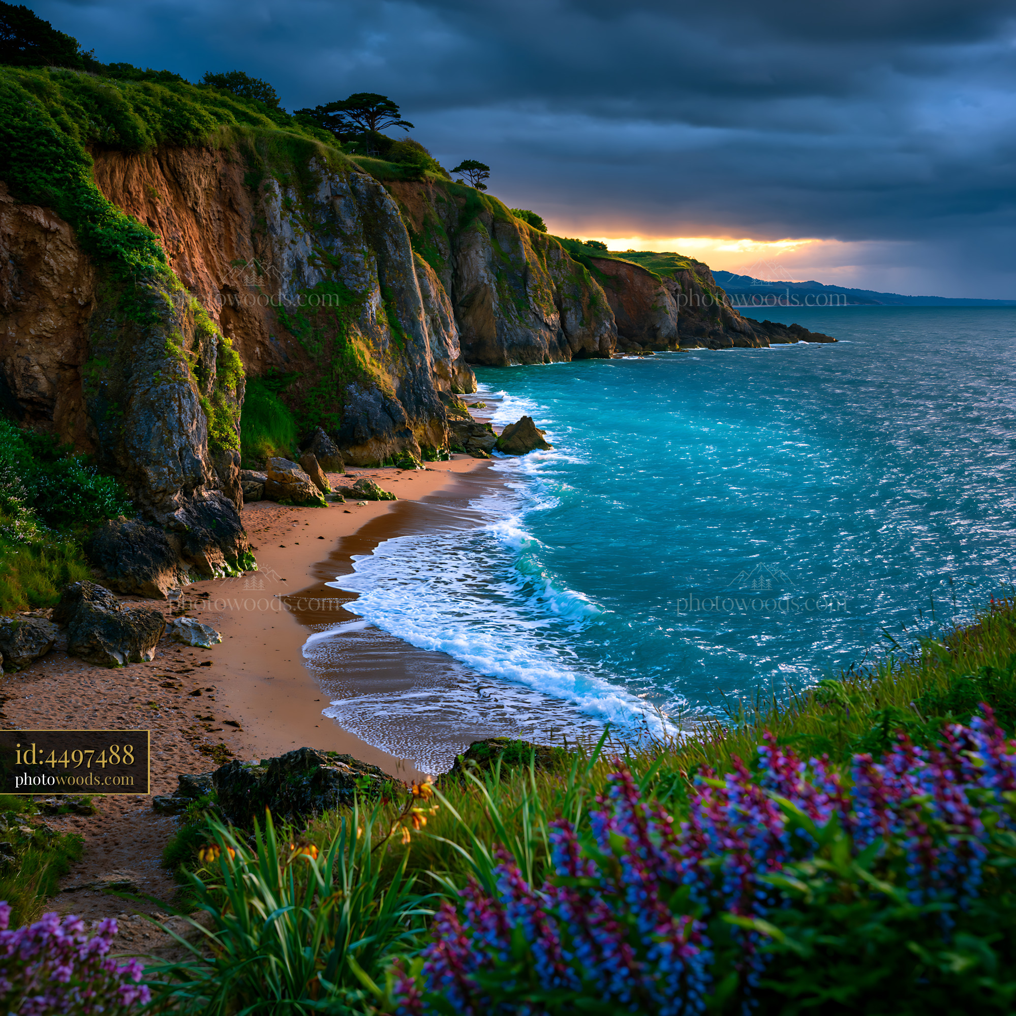 Hidden Cove Beach Framed by Towering Limestone Cliffs at Sunset