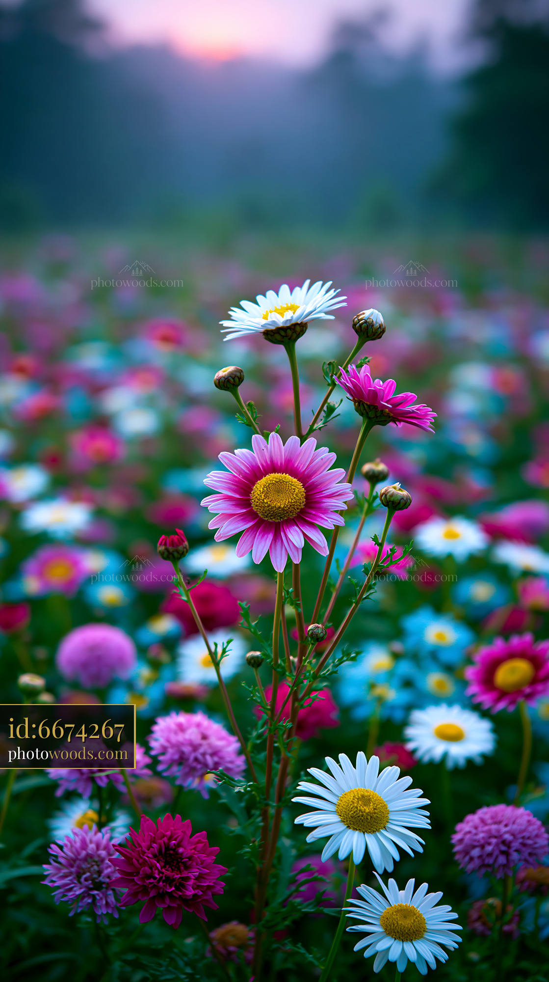 Daisies and Colorful Flowers Grow in a Vibrant Field at Sunset