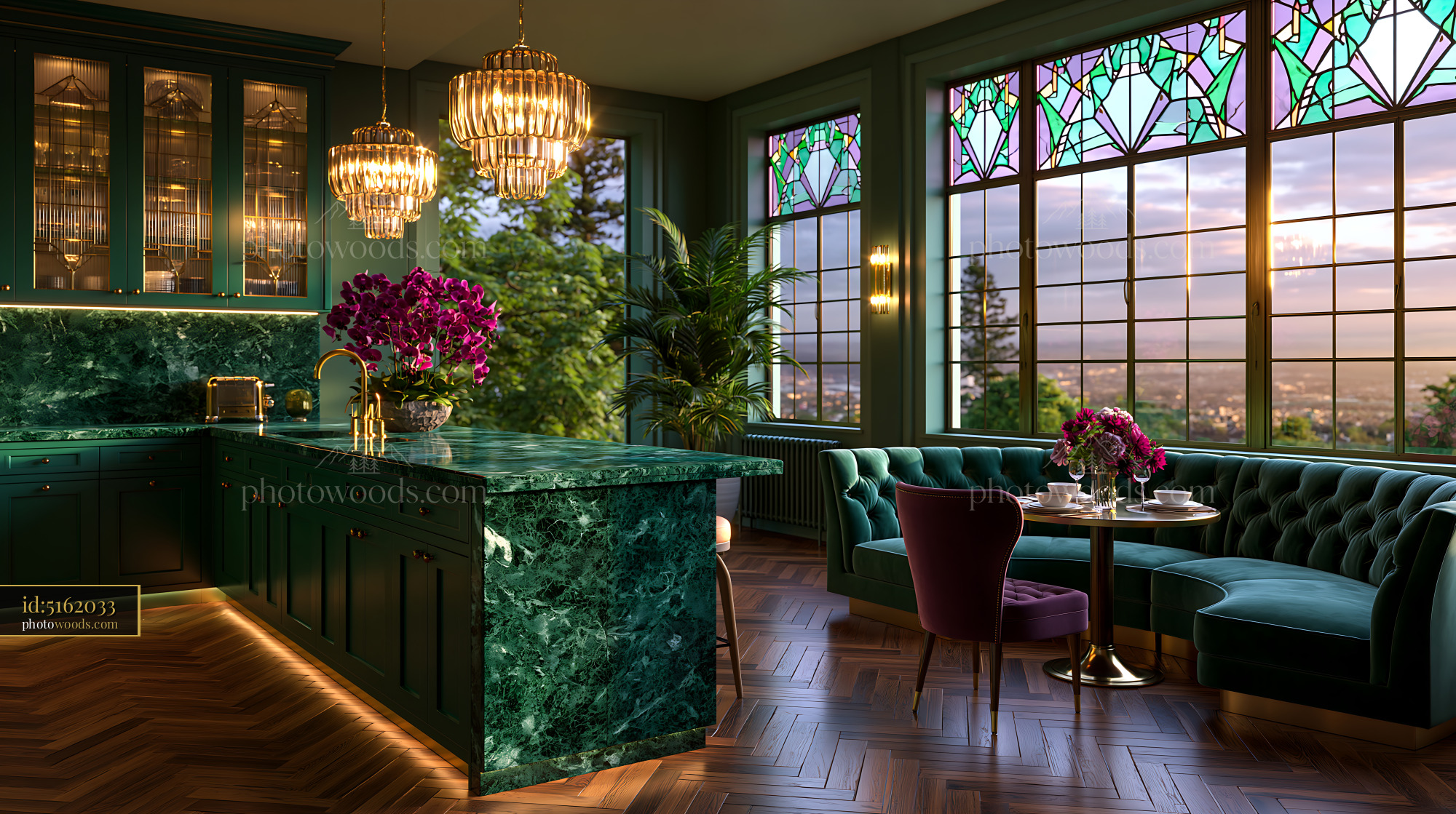 Luxury Kitchen With Green Marble Design and Large Windows