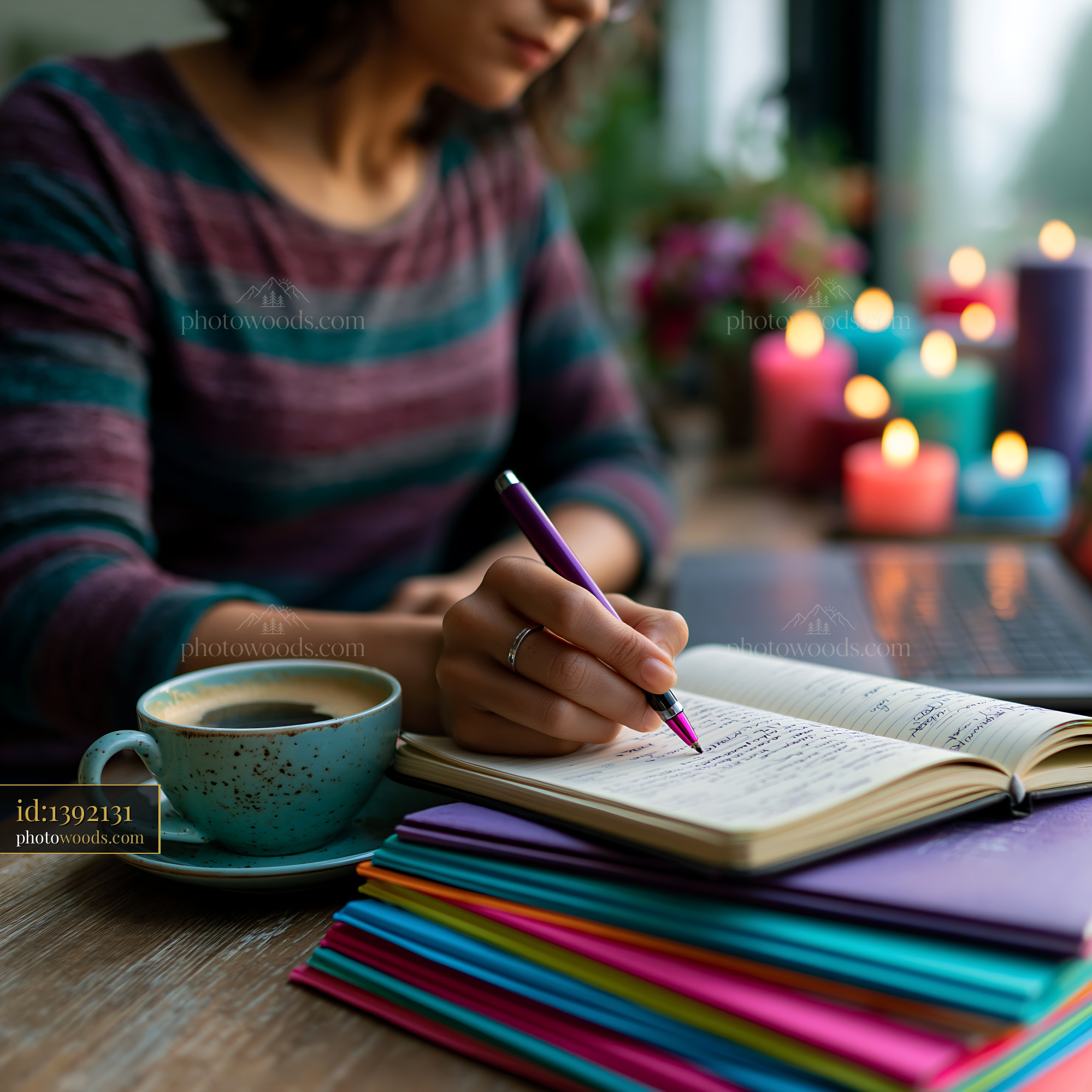 Student Tracking Expenses in a Notebook With Coffee and Candles