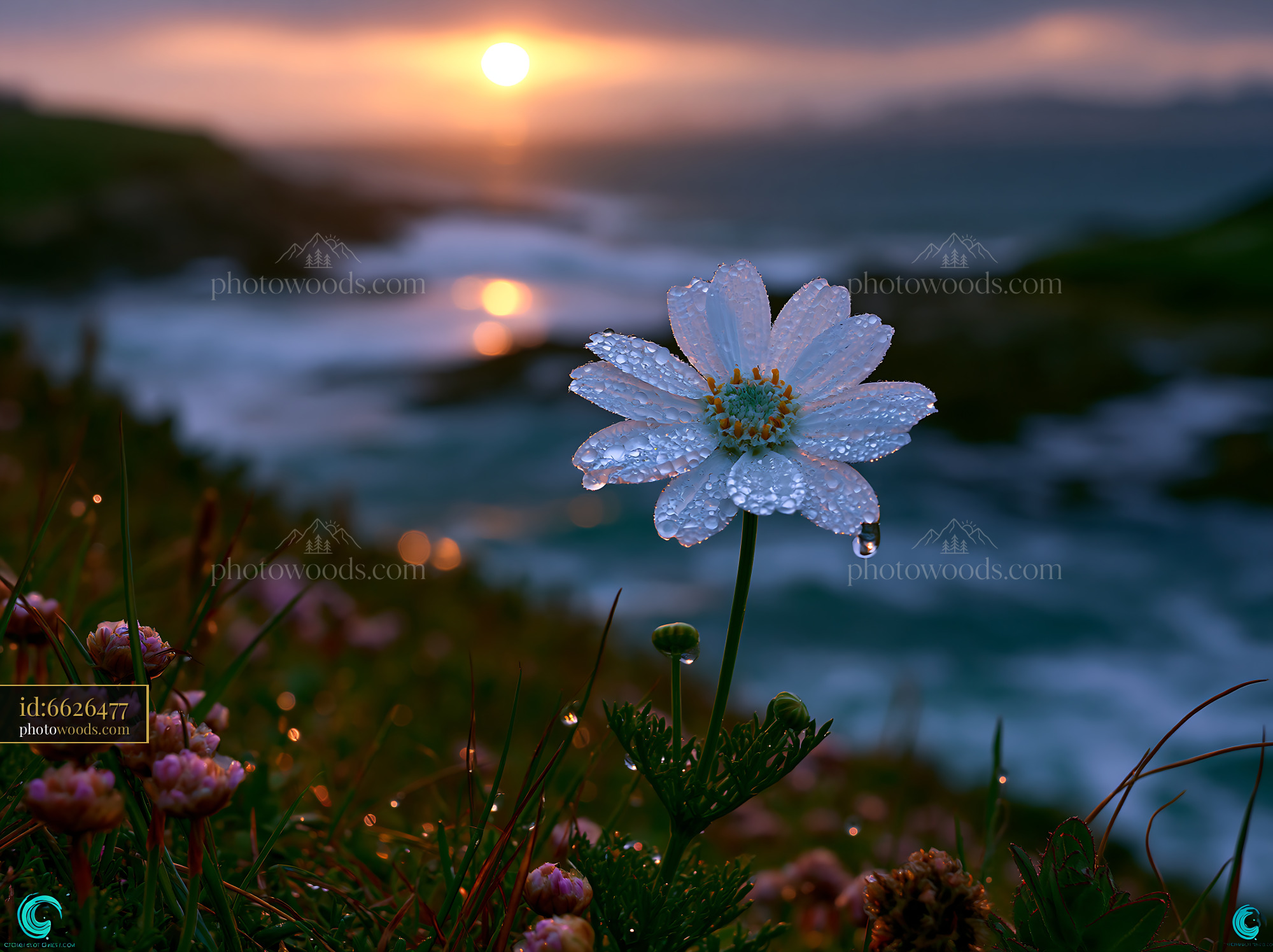 Flower With Dew at Sunset Near Sea Coast With Waves Crashing
