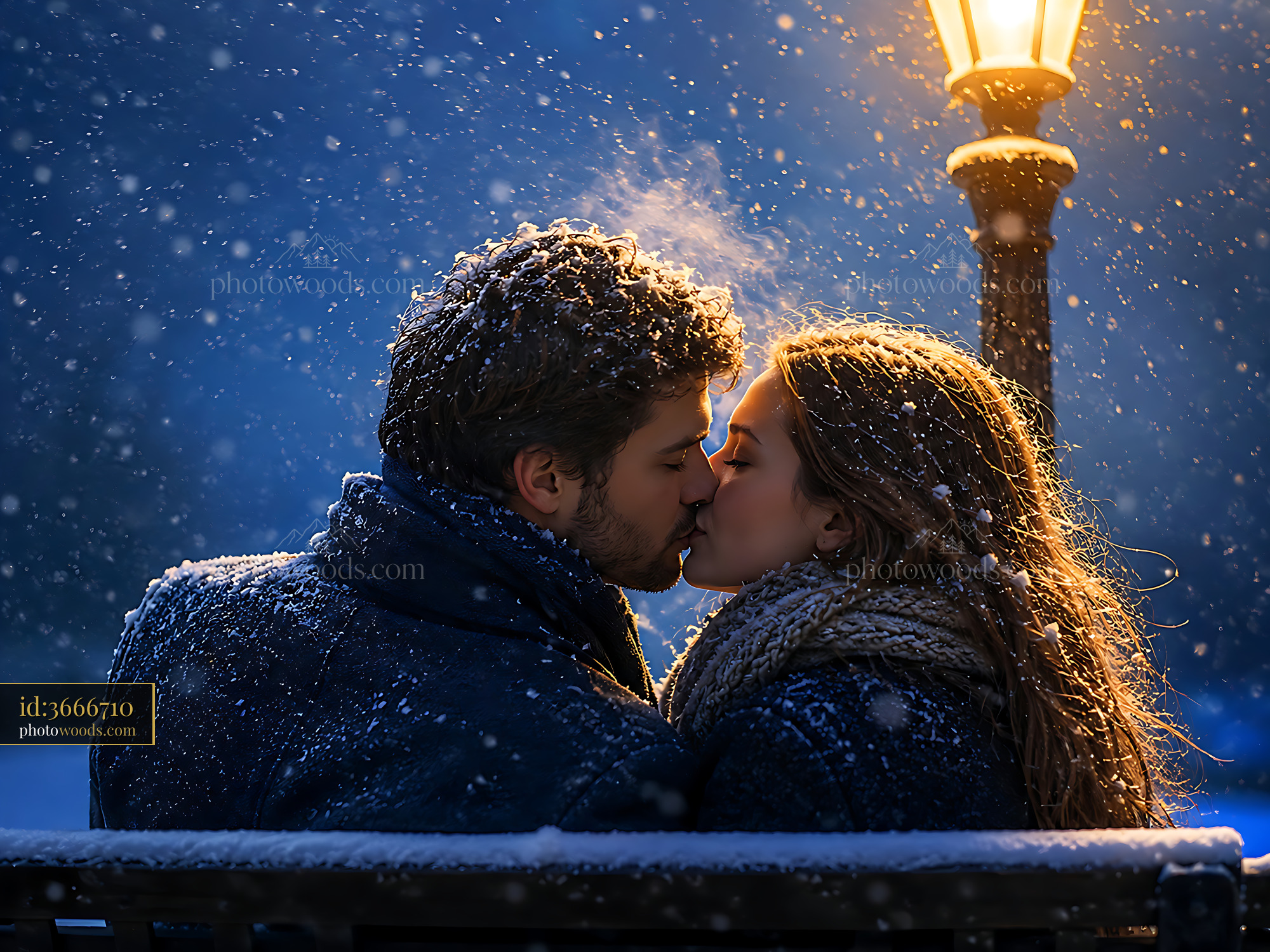 Couple Kisses in Snow Under Streetlamp During Winter Night